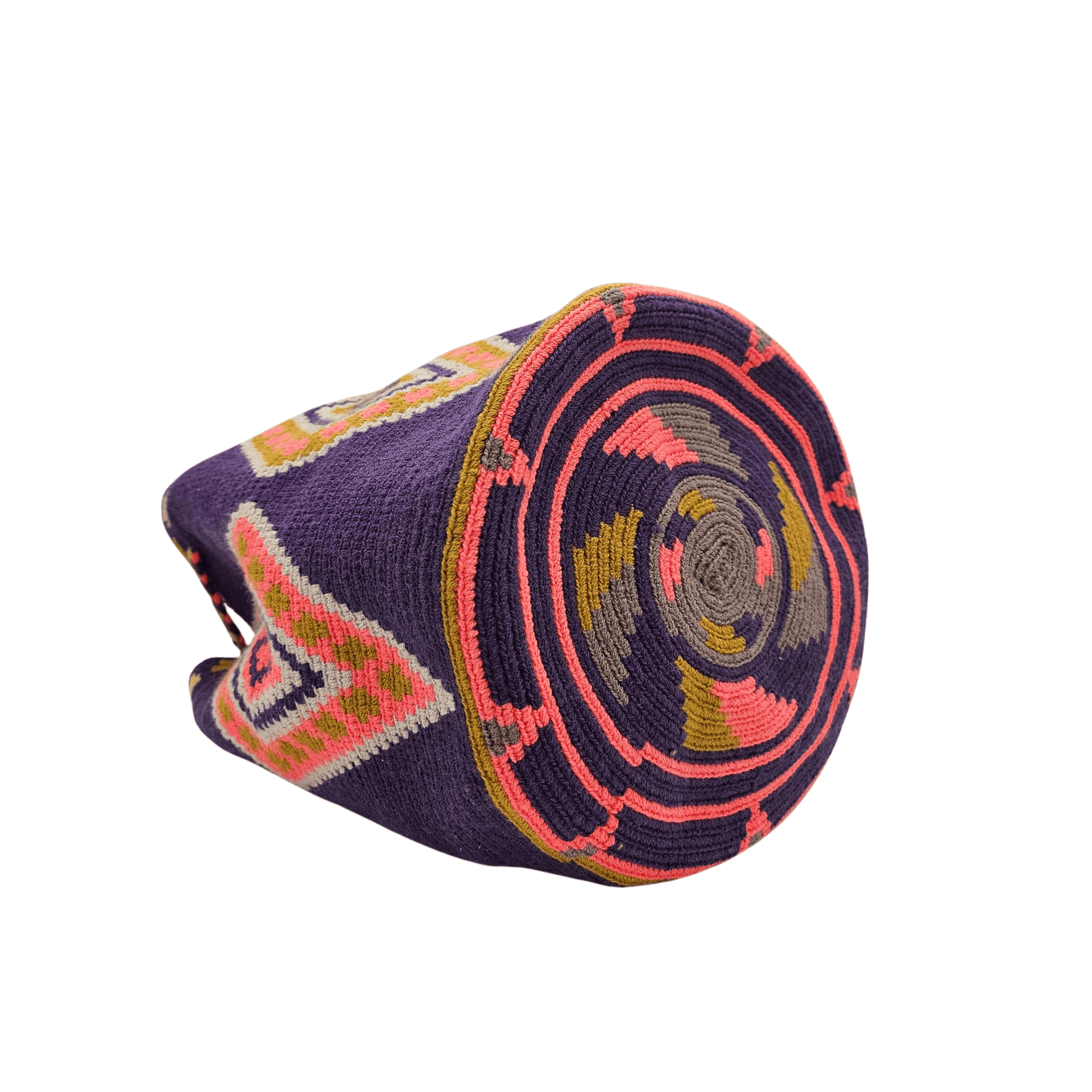 A handmade Wayuu Mochila bag from Colombia, featuring a striking diamond pattern on a plumb background with pink and orange details.