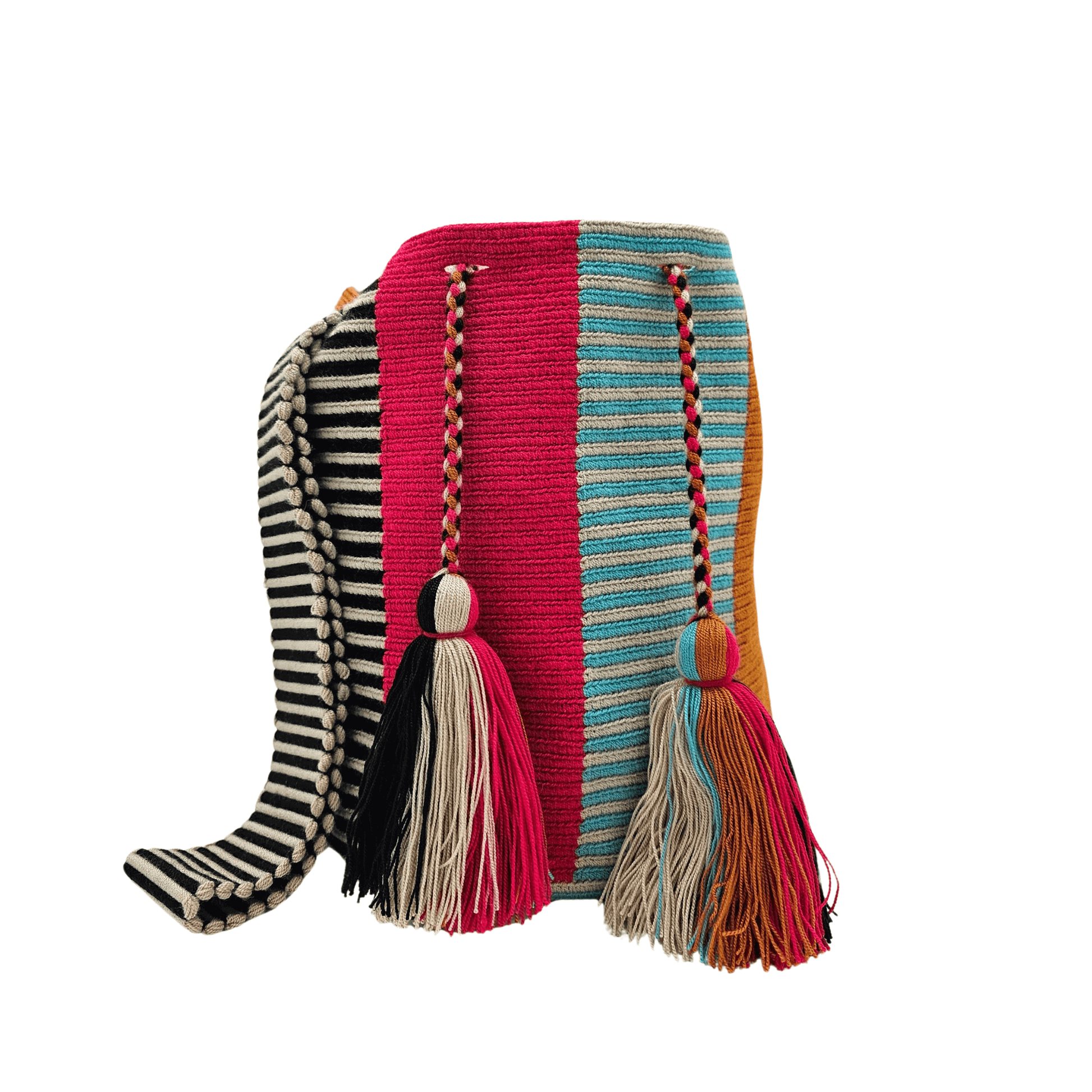 Wayuu bag with black, teal, and gold geometric pattern.