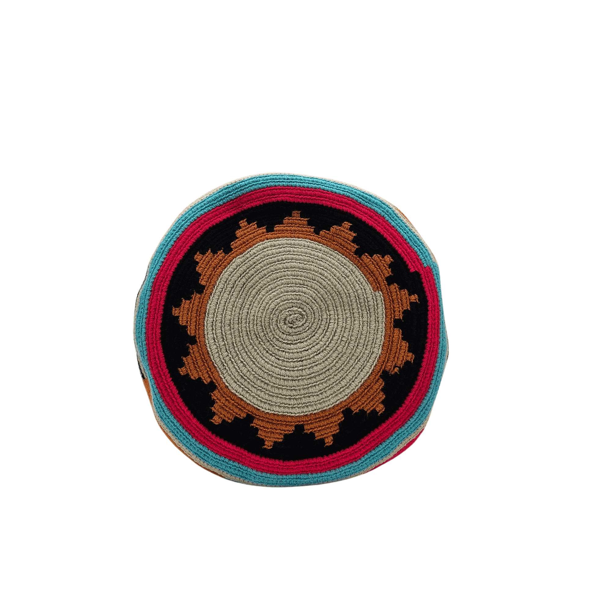 Wayuu bag with black, teal, and gold geometric pattern.