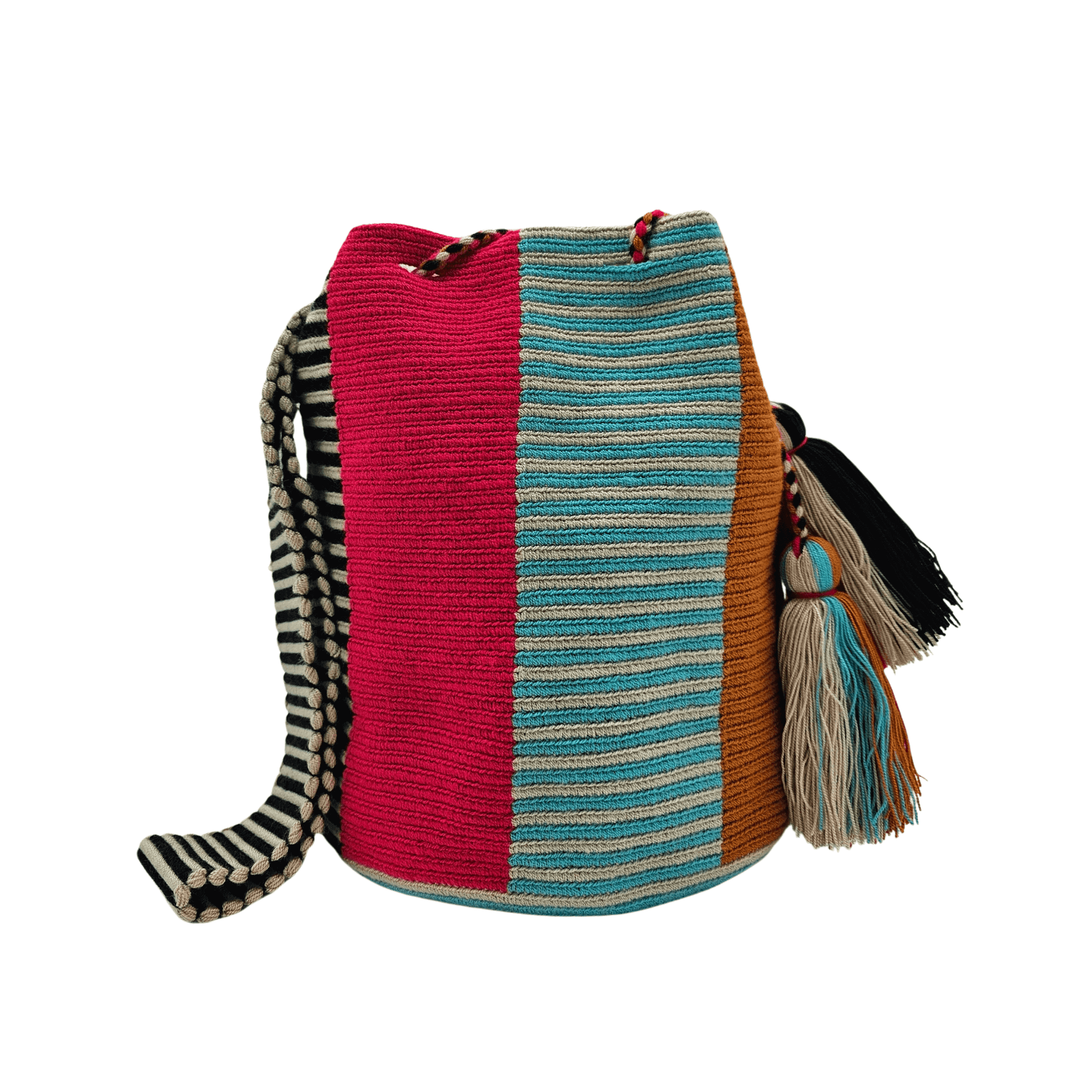 Wayuu bag with black, teal, and gold geometric pattern.