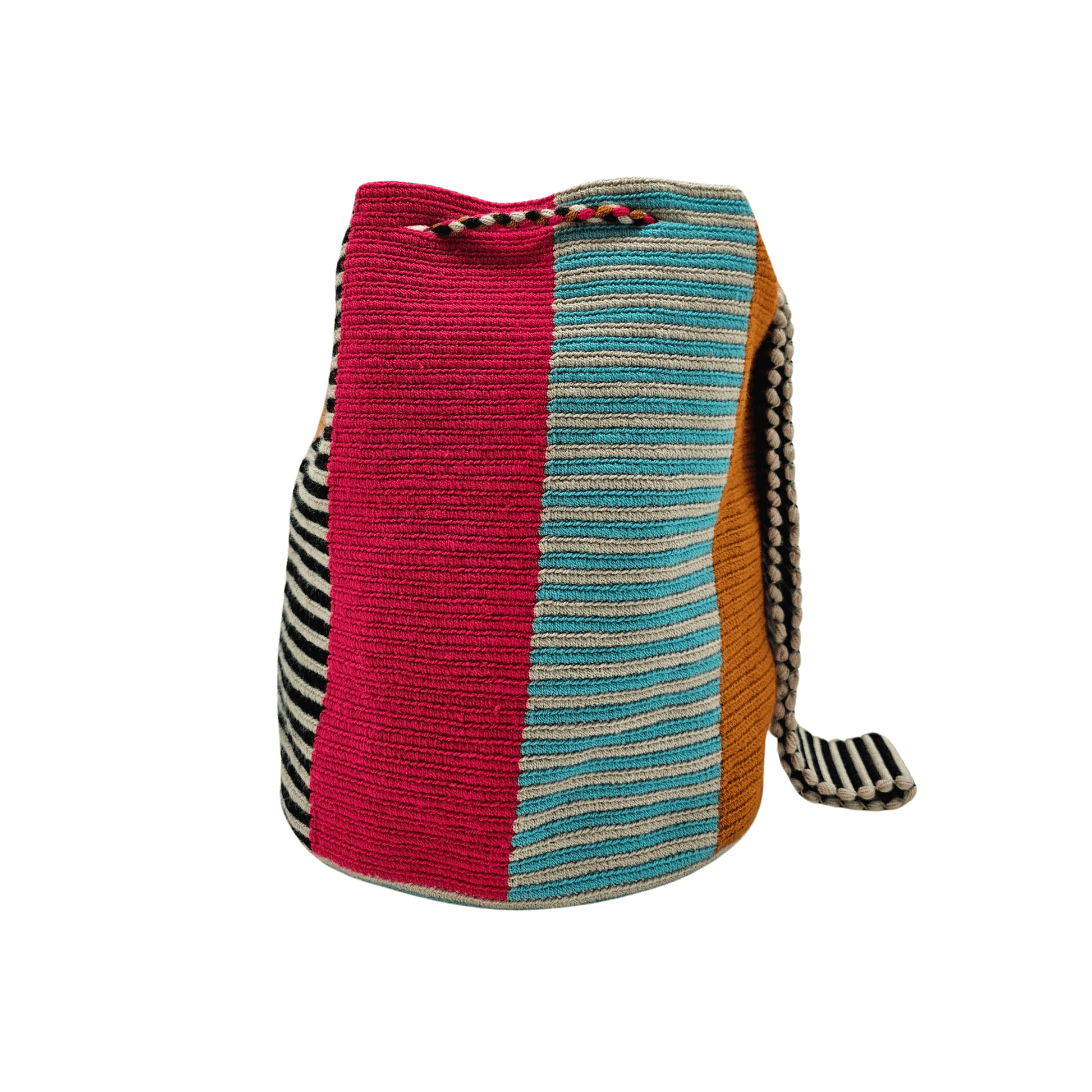 Wayuu bag with black, teal, and gold geometric pattern.