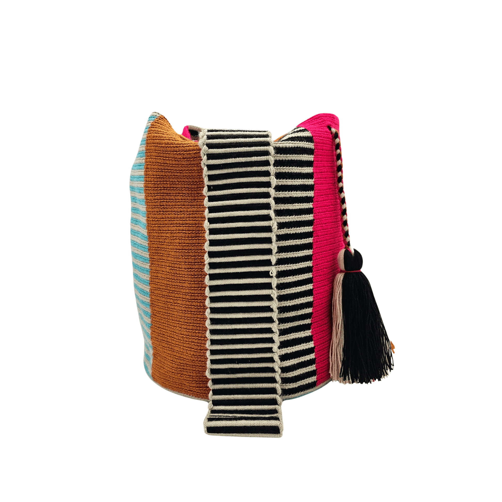 Wayuu bag with black, teal, and gold geometric pattern.