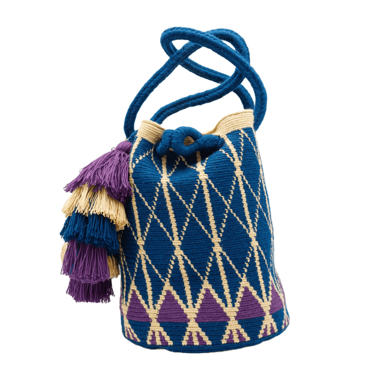 Kate Crochet Tote Bag - Large Size with Tassels & Pom Poms, Dark Ocean Blue, Plum, Beige. Unique accessory for travel and work.