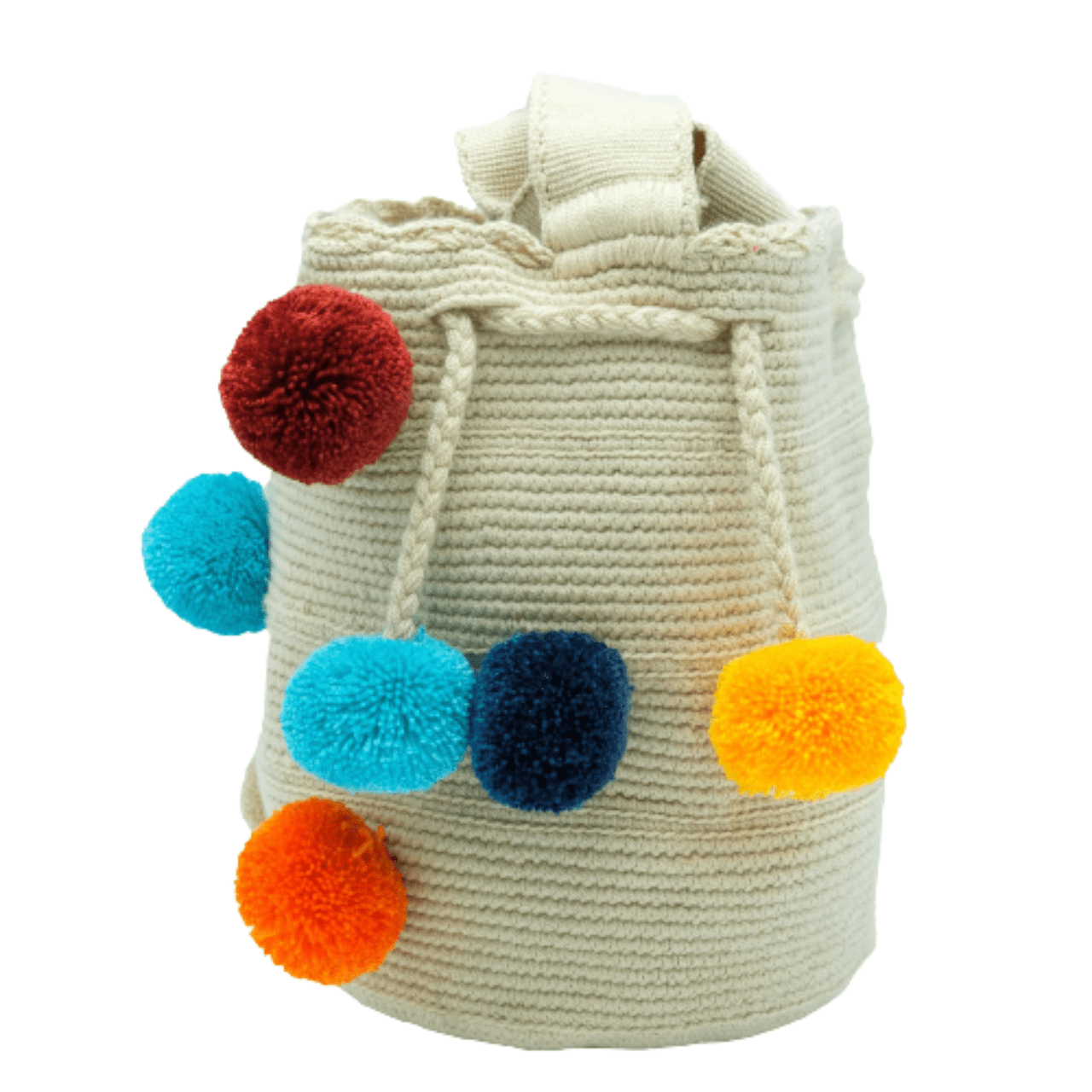 Koya crochet bag Medium in beige color with vibrant pom poms, a stylish and eye-catching accessory.