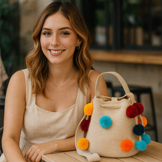 Koya crochet bag Medium in beige color with vibrant pom poms, a stylish and eye-catching accessory.