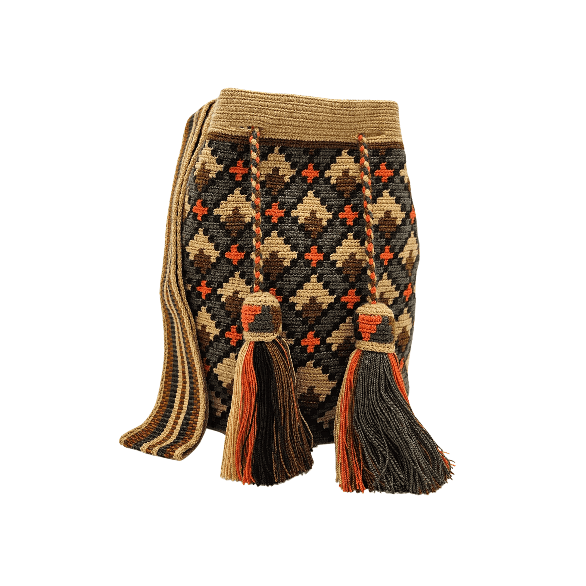 A beige Wayuu Mochila bag with a geometric pattern in brown and orange. It has a drawstring closure with tassels.