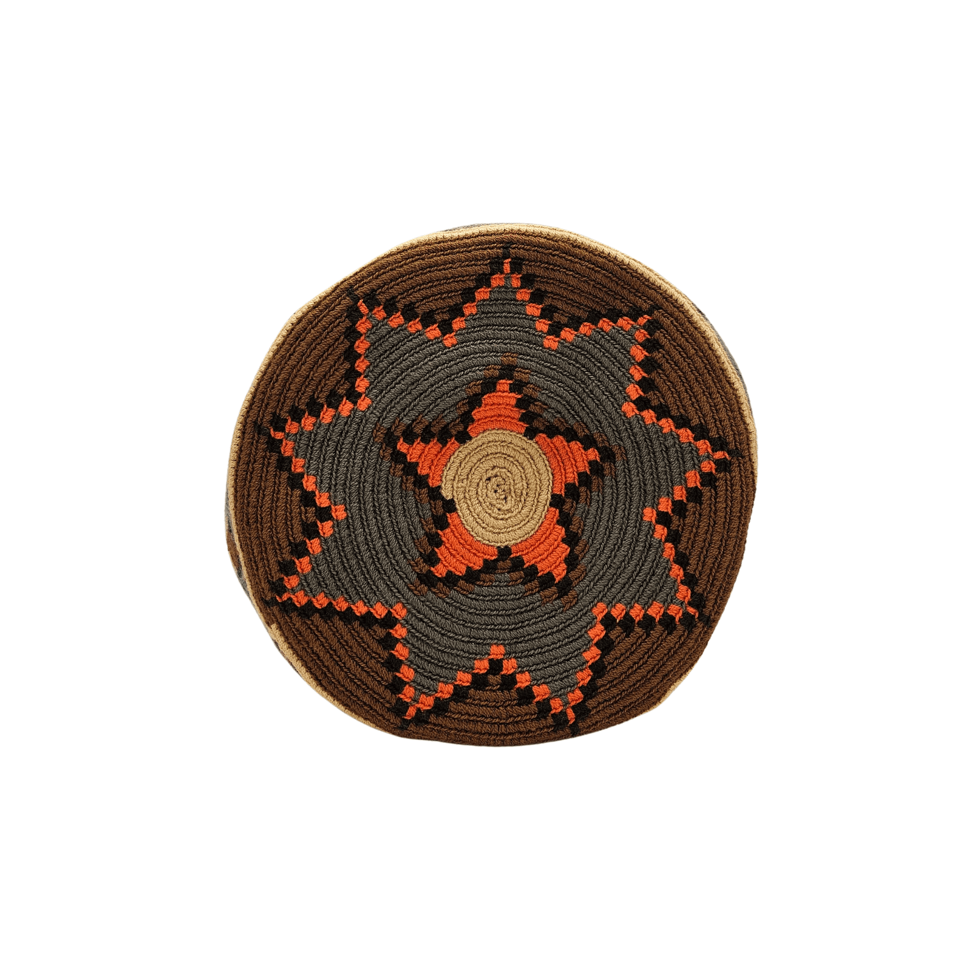 A beige Wayuu Mochila bag with a geometric pattern in brown and orange. It has a drawstring closure with tassels.