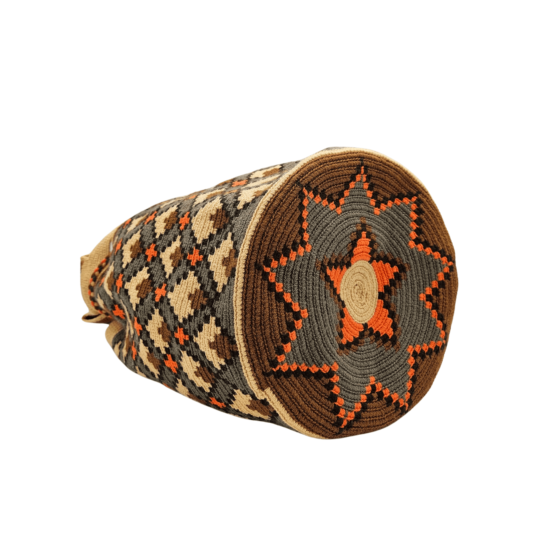 A beige Wayuu Mochila bag with a geometric pattern in brown and orange. It has a drawstring closure with tassels.