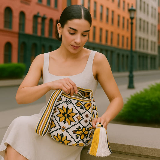 Experience the excellence of the Lau Wayuu Bag in white, yellow, and black shades. Meticulously crafted with top-quality materials, this bag showcases exceptional craftsmanship. Shop now for a stylish addition to your collection.