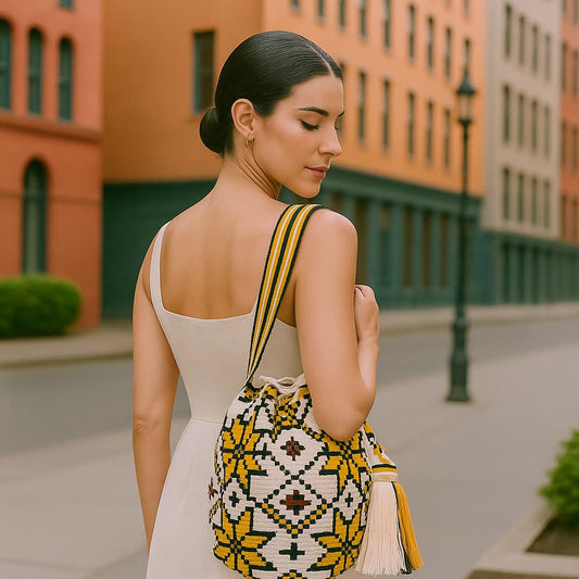 Experience the excellence of the Lau Wayuu Bag in white, yellow, and black shades. Meticulously crafted with top-quality materials, this bag showcases exceptional craftsmanship. Shop now for a stylish addition to your collection.
