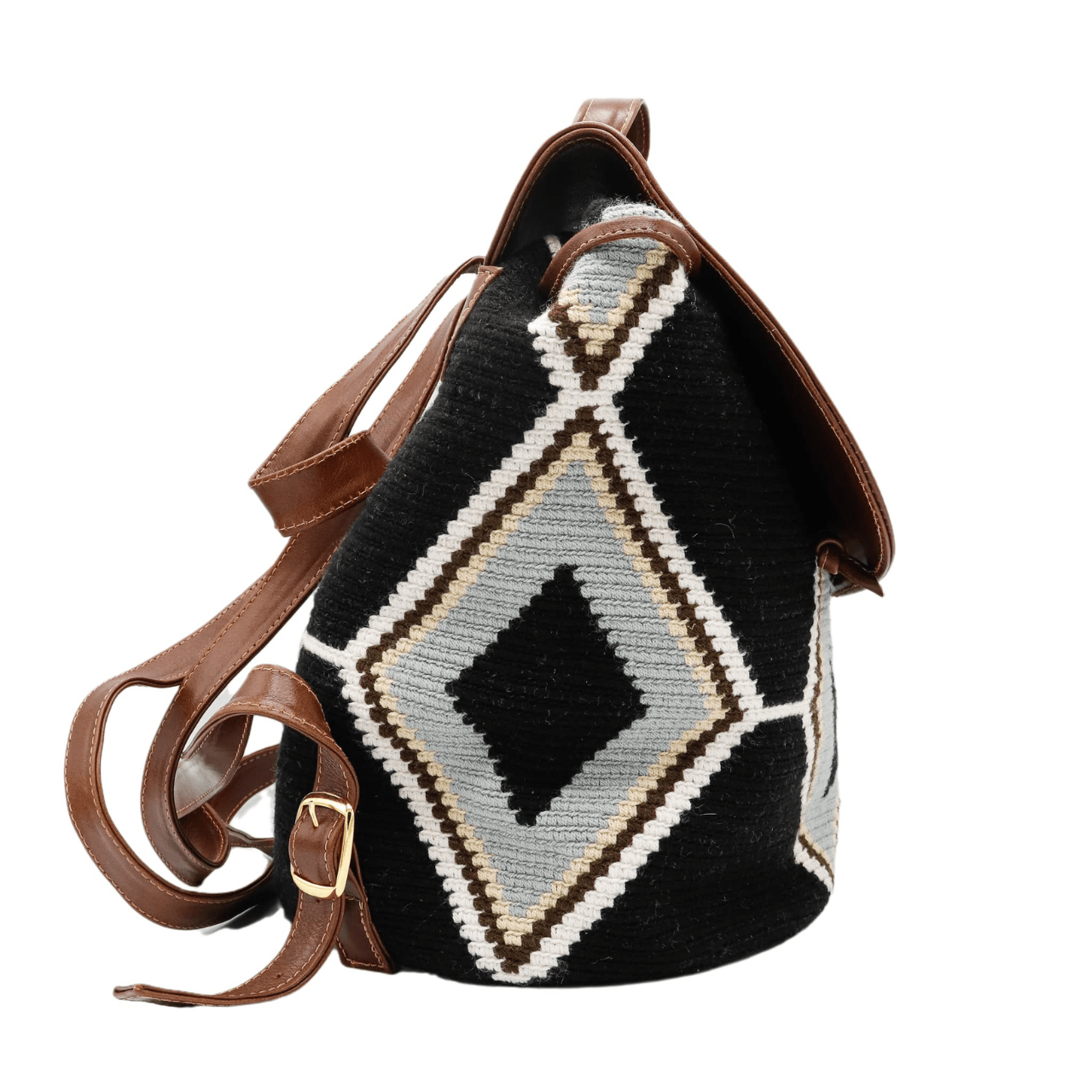 Lex leather backpack featuring a captivating Wayuu pattern body in a sleek combination of solid black, shades of gray, and beige. The backpack is enhanced with genuine leather accents and includes a practical inside pocket. Despite its lightweight design, this backpack boasts exceptional strength and durability.