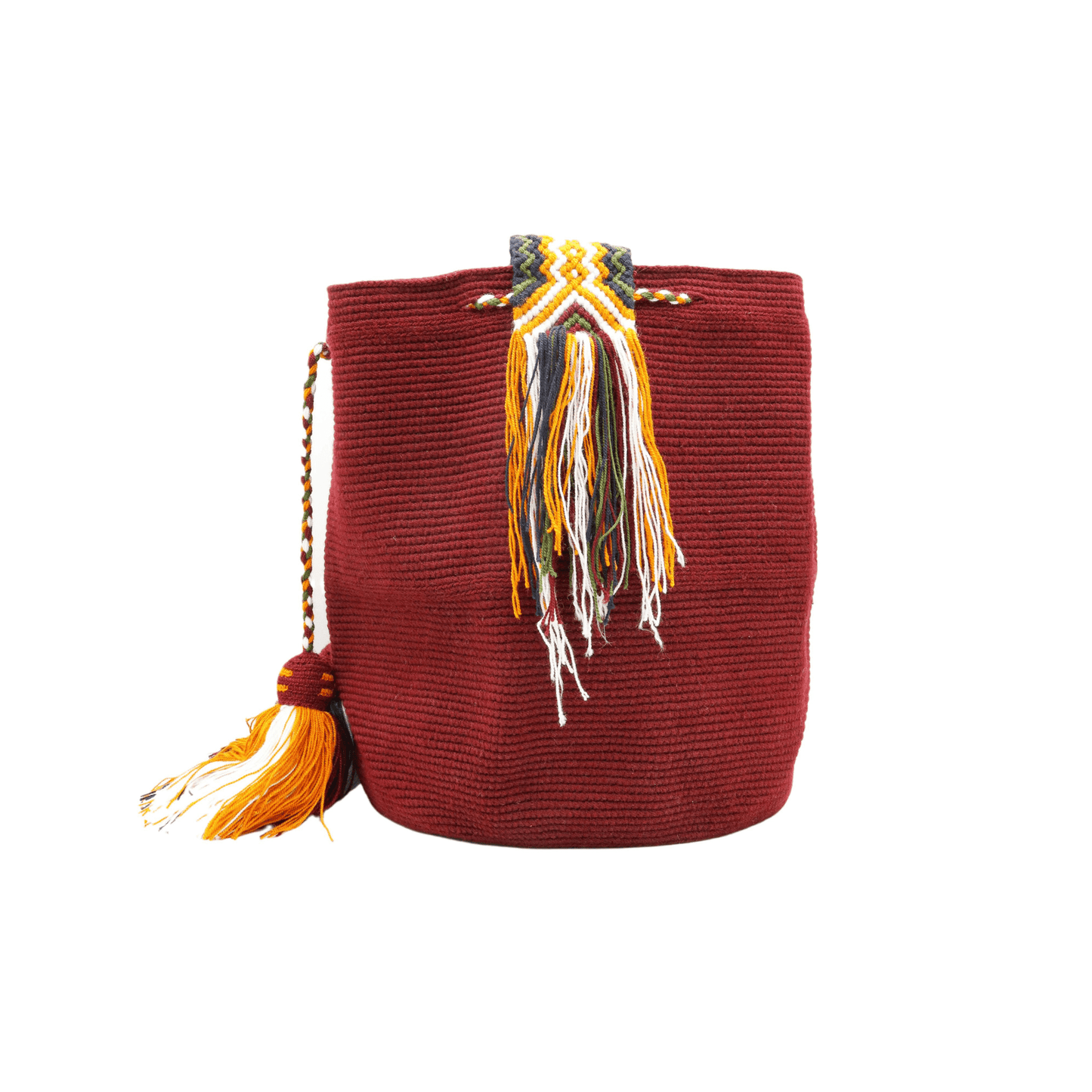 Lily Wayuu bag in solid burgundy with a macrame strap, handmade in Colombia.