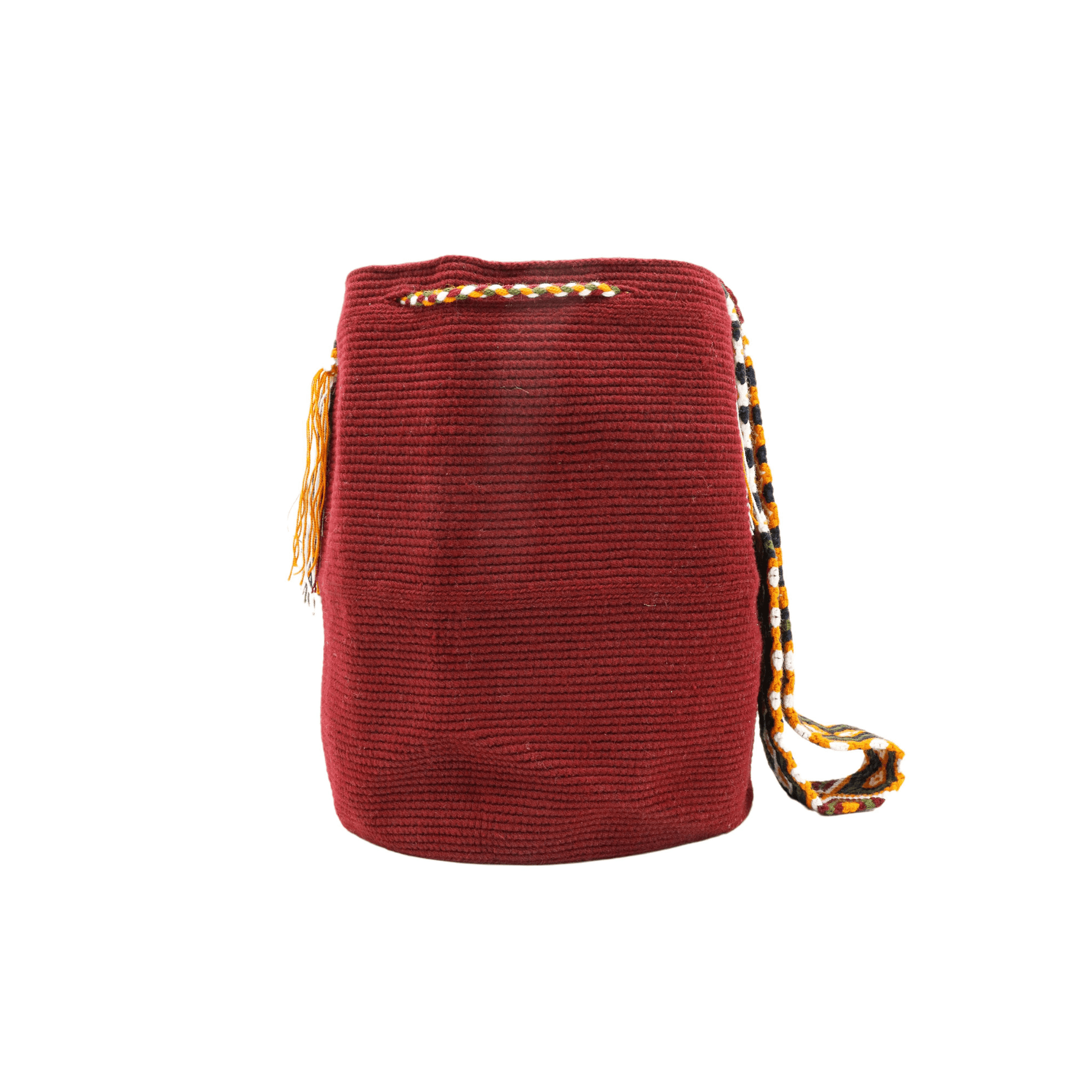 Lily Wayuu bag in solid burgundy with a macrame strap, handmade in Colombia.