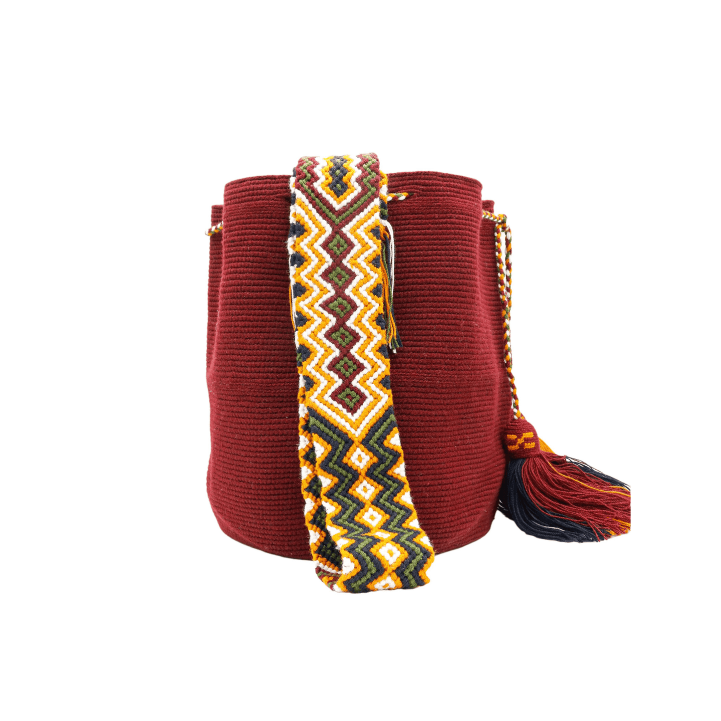 Lily Wayuu bag in solid burgundy with a macrame strap, handmade in Colombia.