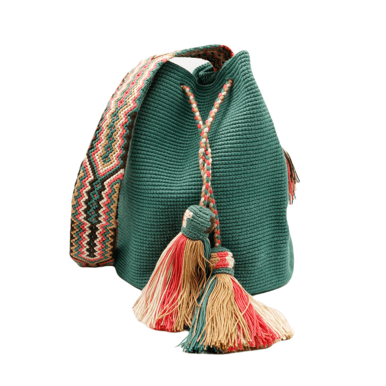 Liz Wayuu bag in sage green - Handmade crochet bag with intricate design, showcasing artisan craftsmanship from Colombia.