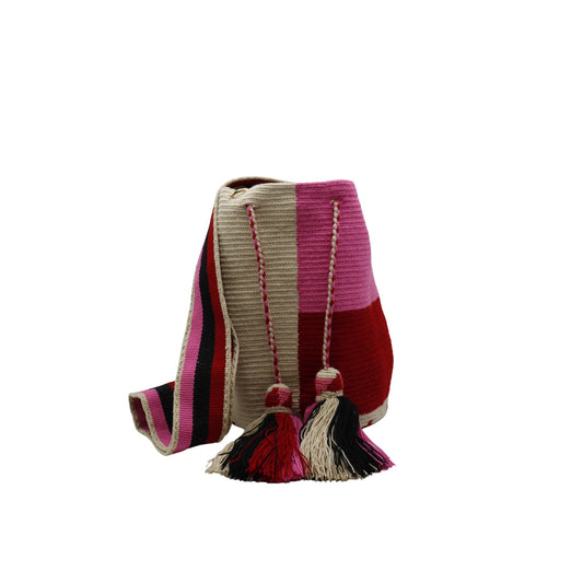 Luciana Wayuu bag in beige, pink, and burgundy with a small cellphone pouch, showcasing intricate craftsmanship and vibrant colors.