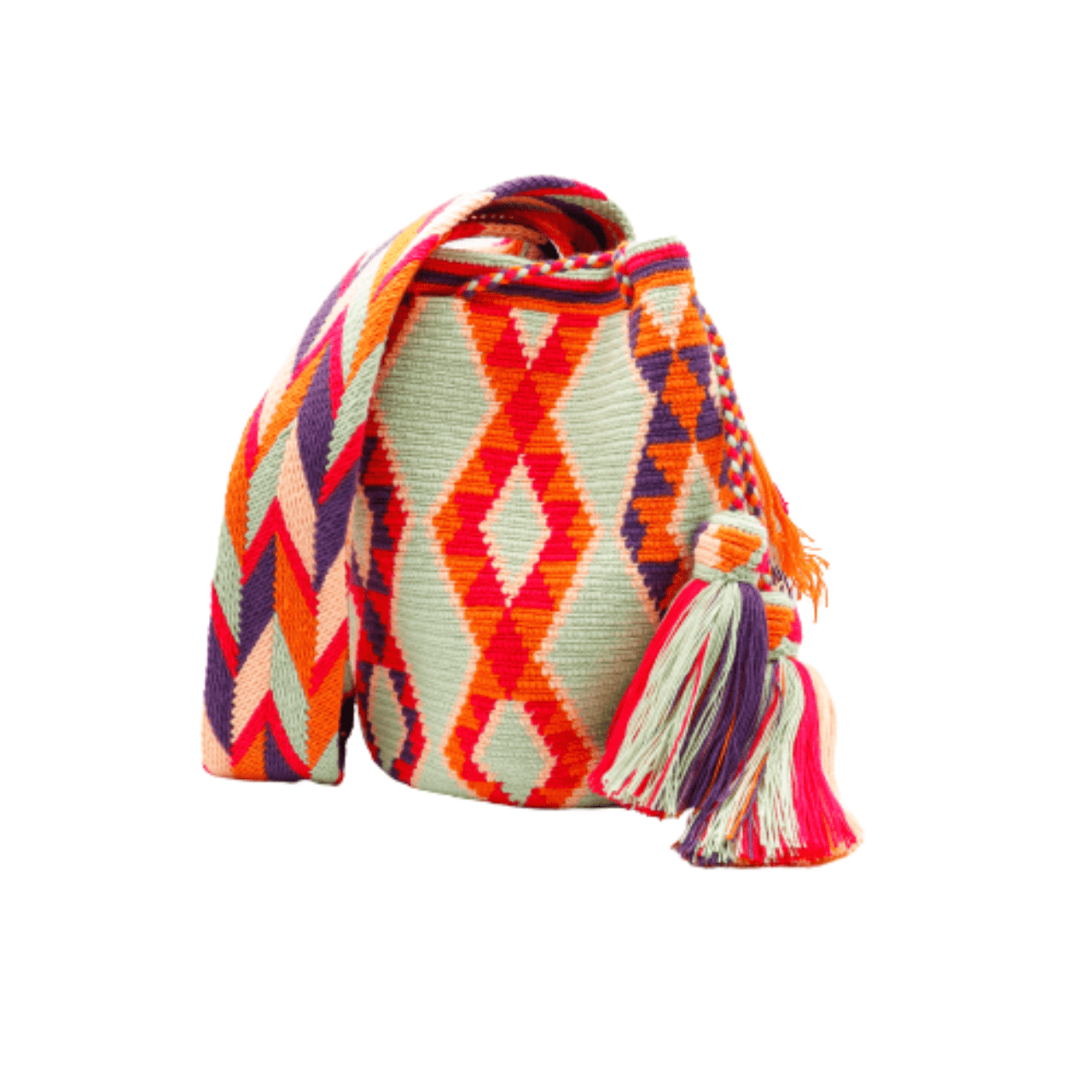 Lyali Wayuu Bag - Tea Green, Orange, Magenta, Peach, and Plum Colors - Exceptionally Unique Handcrafted Beauty