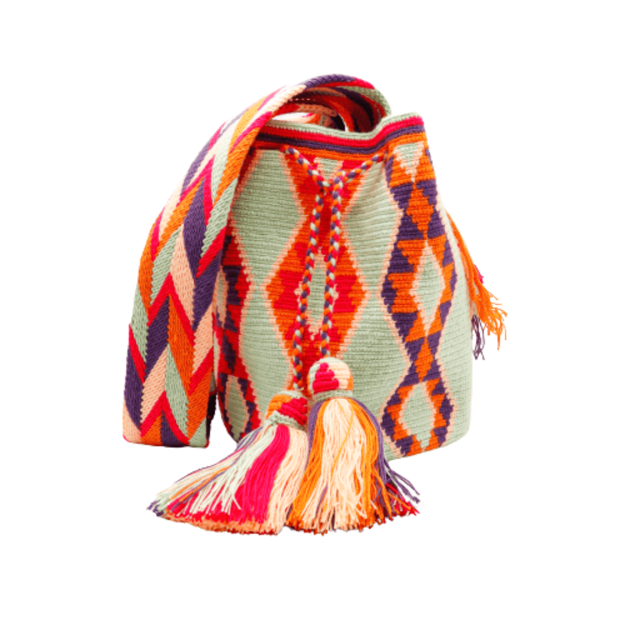 Lyali Wayuu Bag - Tea Green, Orange, Magenta, Peach, and Plum Colors - Exceptionally Unique Handcrafted Beauty