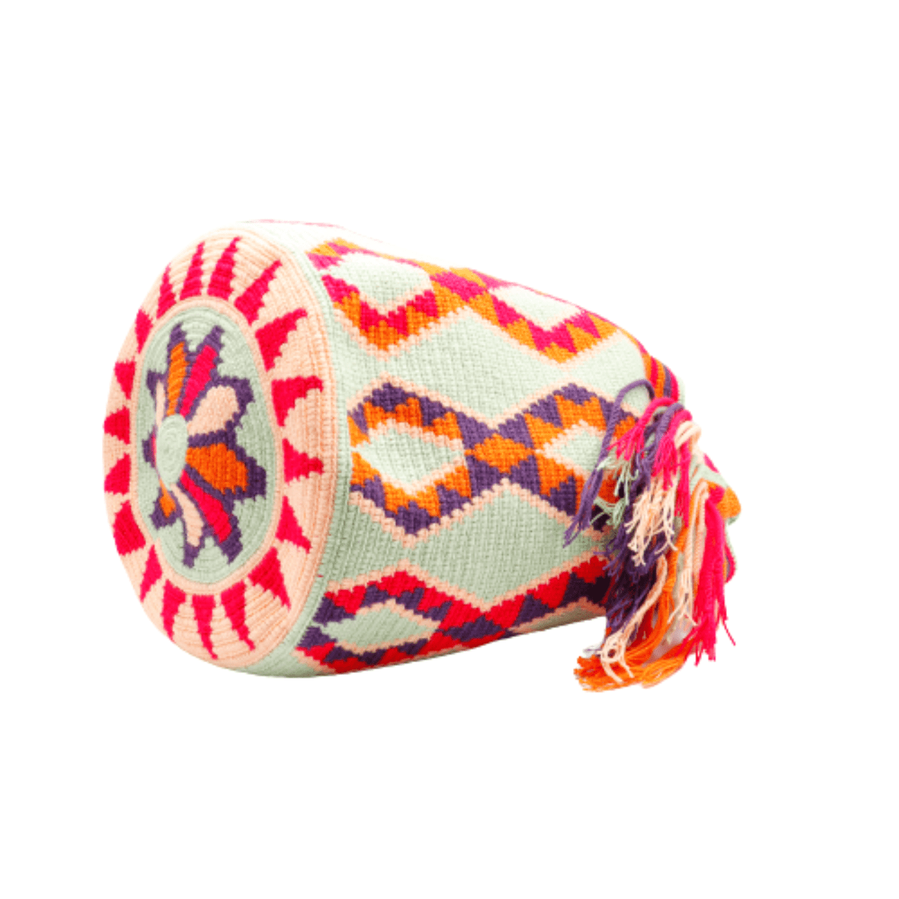 Lyali Wayuu Bag - Tea Green, Orange, Magenta, Peach, and Plum Colors - Exceptionally Unique Handcrafted Beauty