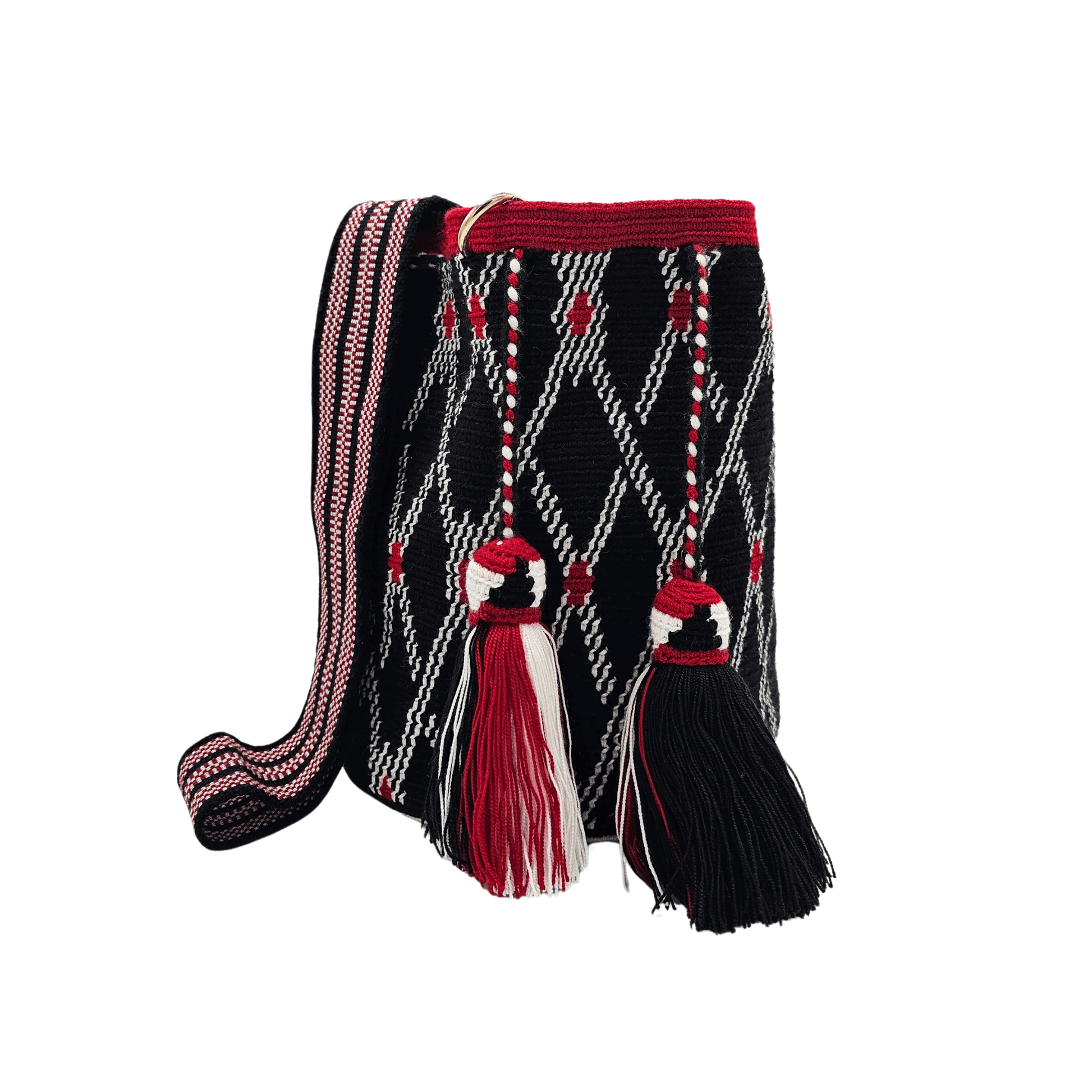 A handmade crocheted Wayuu bucket bag from Colombia. It features a bold geometric design and a long strap for easy carrying.