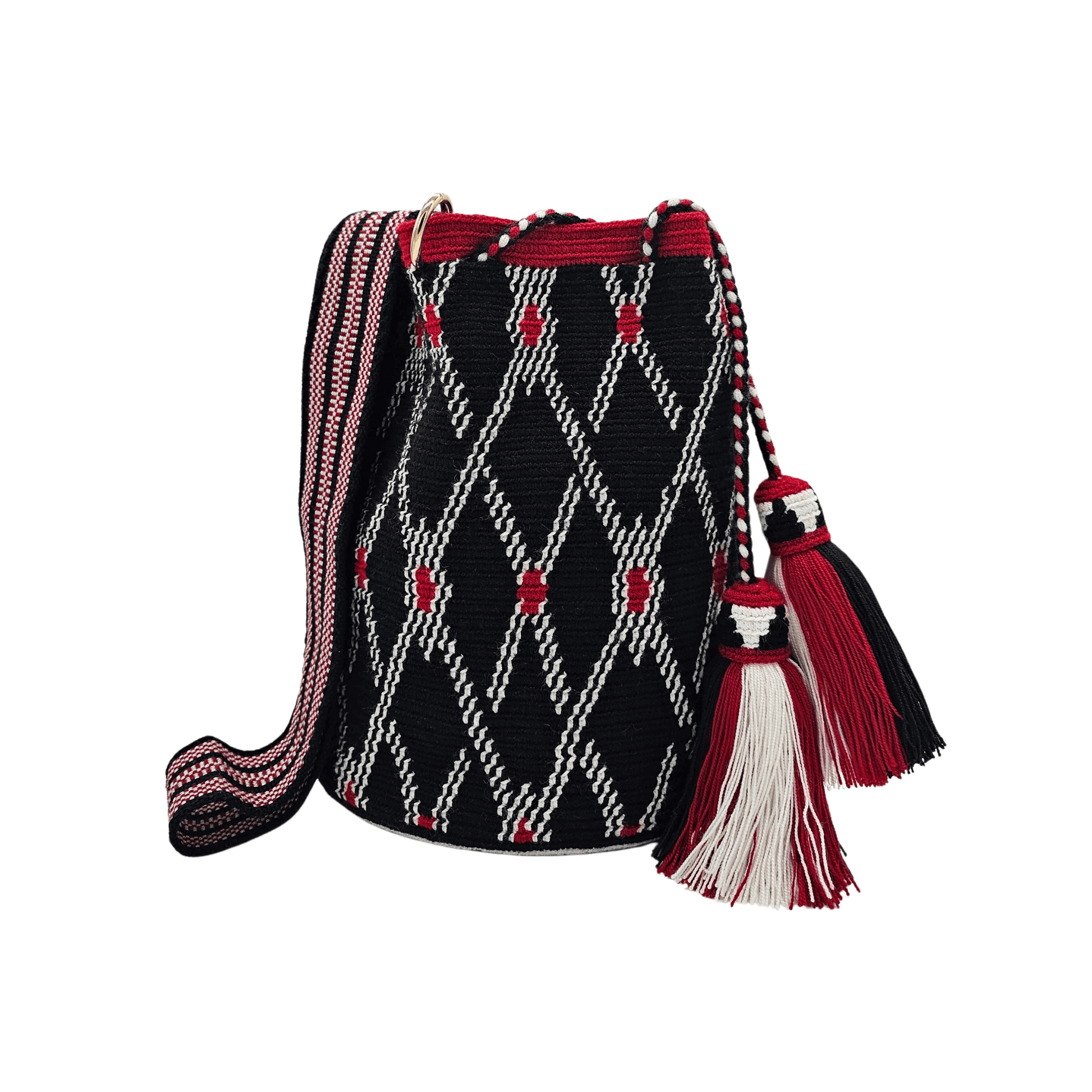 A handmade crocheted Wayuu bucket bag from Colombia. It features a bold geometric design and a long strap for easy carrying.