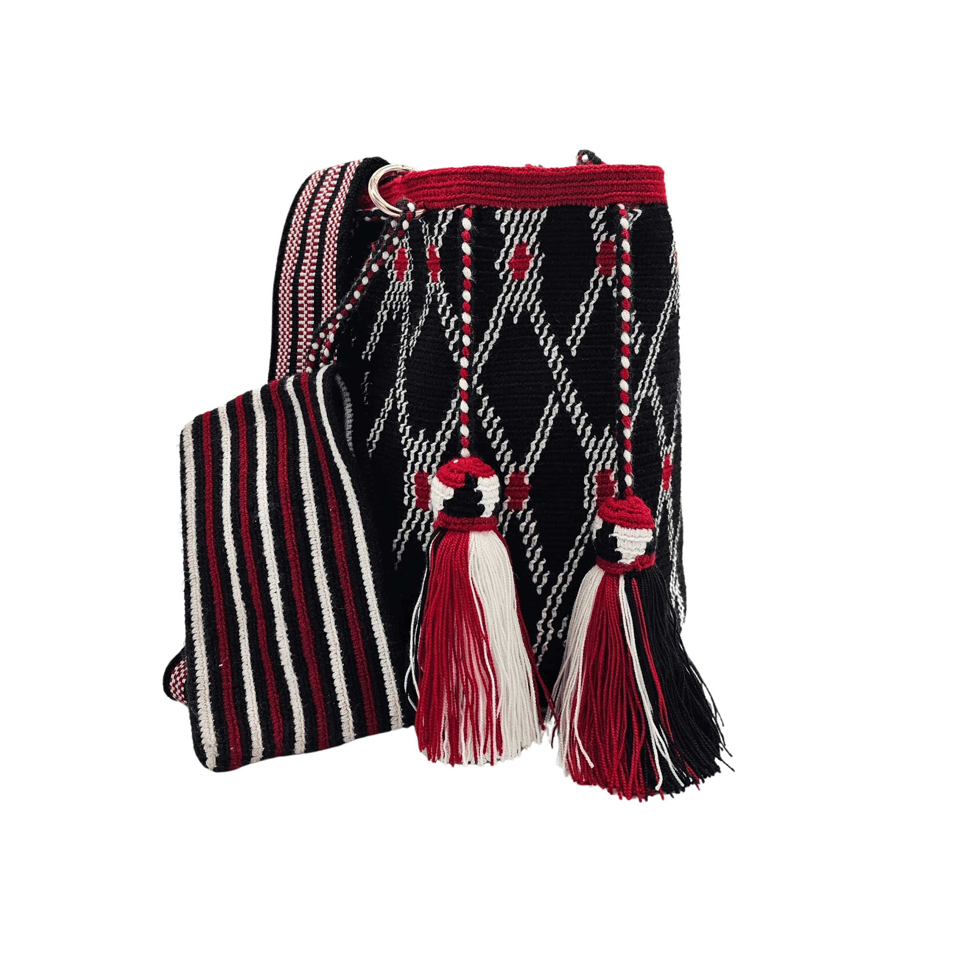 A handmade crocheted Wayuu bucket bag from Colombia. It features a bold geometric design and a long strap for easy carrying.