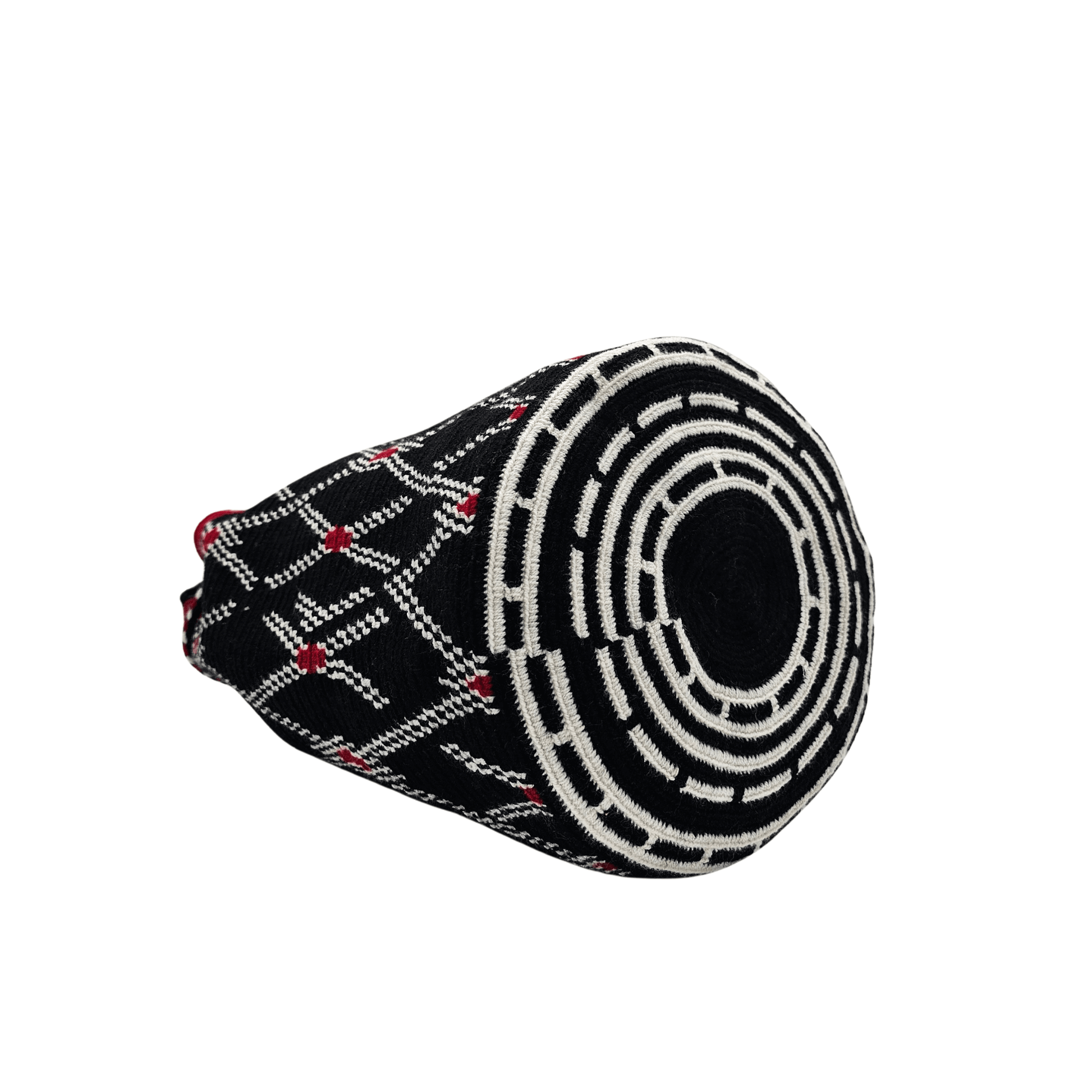 A handmade crocheted Wayuu bucket bag from Colombia. It features a bold geometric design and a long strap for easy carrying.