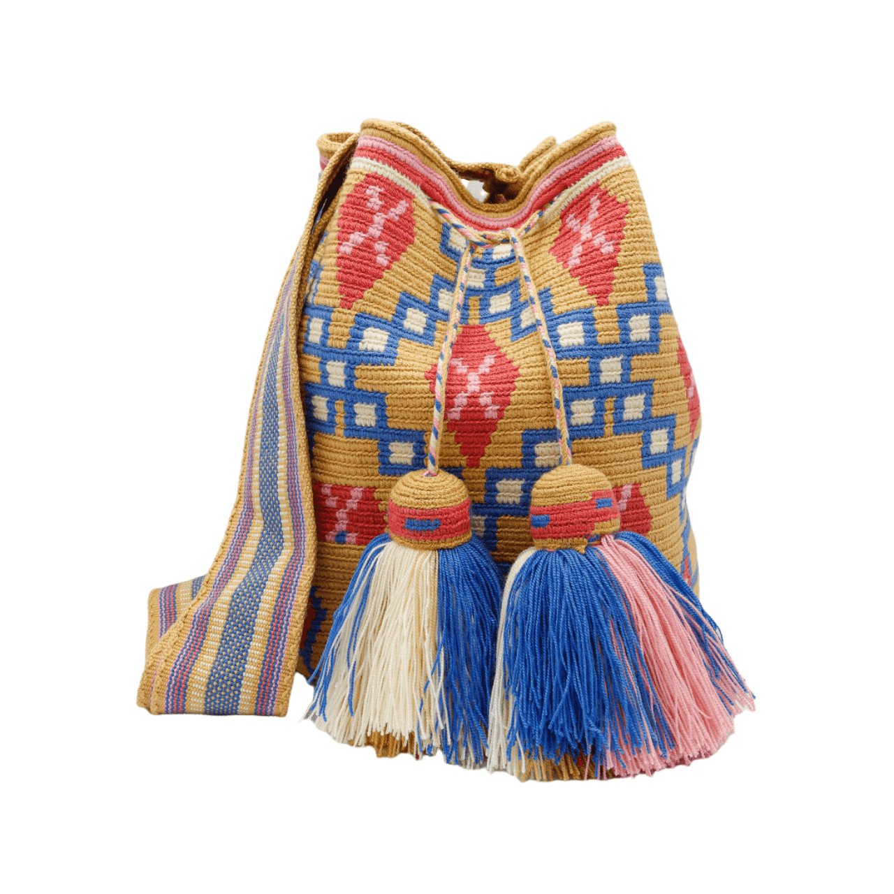 Mari Wayuu Bag in enchanting dark beige hue, featuring mesmerizing pink and blue patterns, handcrafted in Colombia, creating a truly distinct and eye-catching design.
