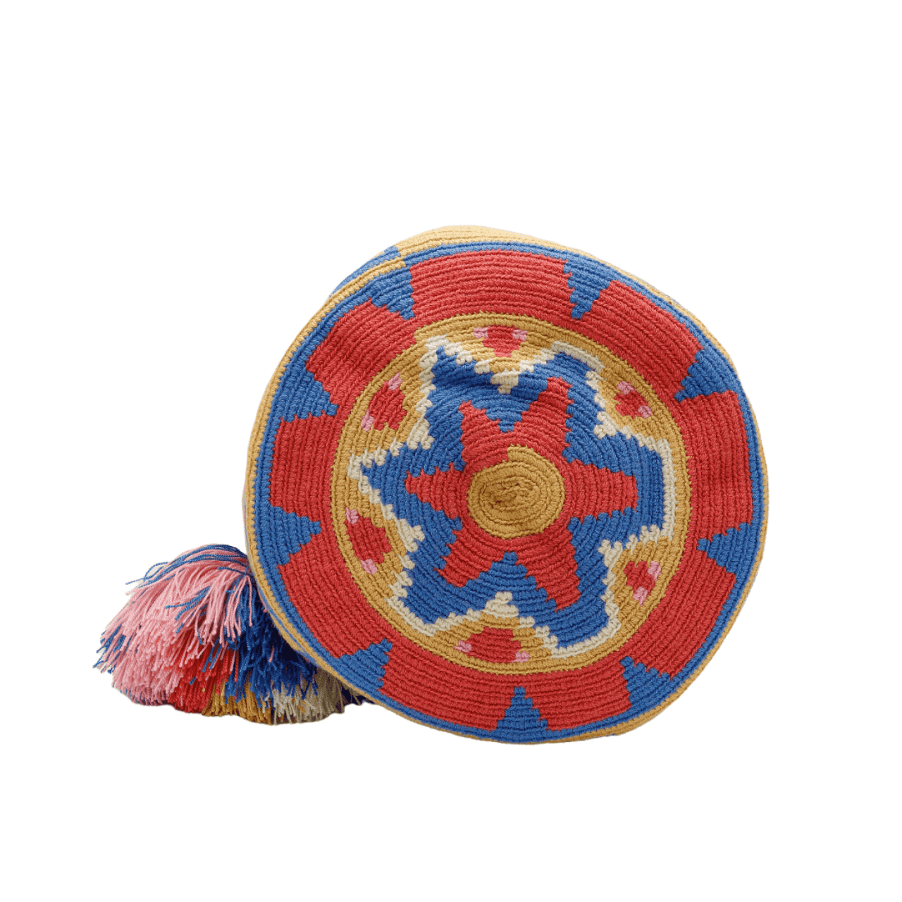 Mari Wayuu Bag in enchanting dark beige hue, featuring mesmerizing pink and blue patterns, handcrafted in Colombia, creating a truly distinct and eye-catching design.