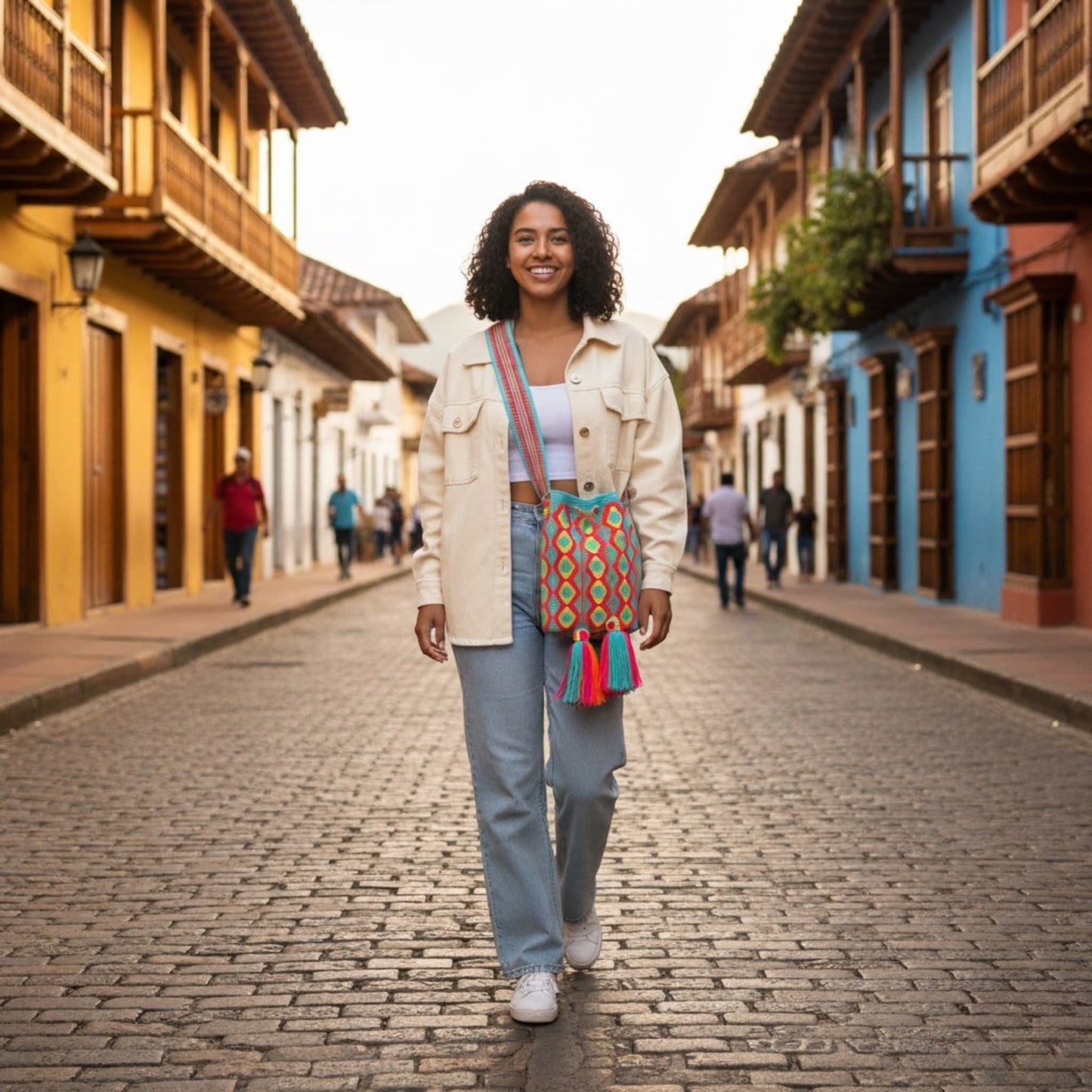 Mariajo Wayuu bag expertly crocheted by a skilled Wayuu artisan, featuring vibrant aqua, orange, magenta, and yellow hues. A visually attractive and chic accessory showcasing intricate craftsmanship.
