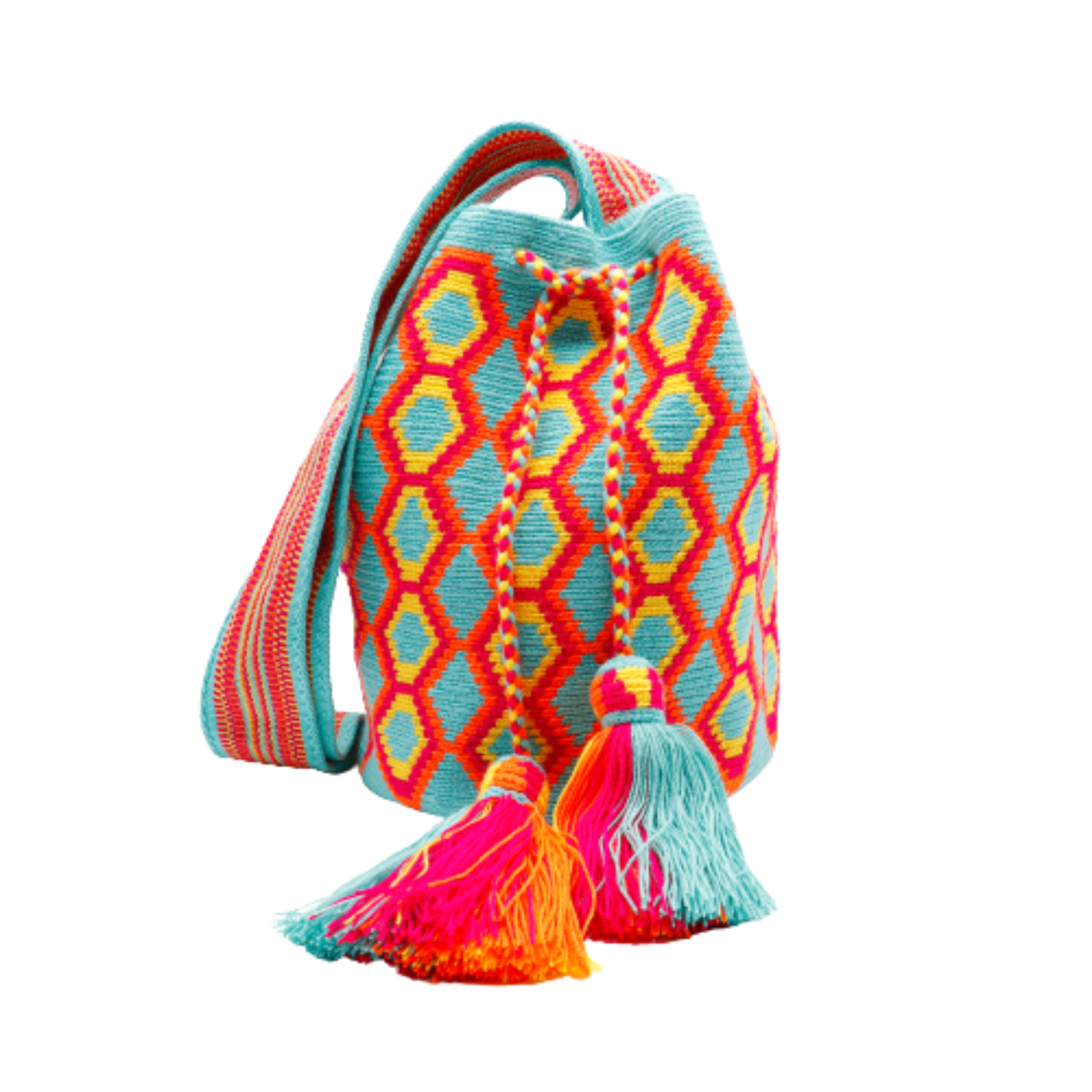 Mariajo Wayuu bag expertly crocheted by a skilled Wayuu artisan, featuring vibrant aqua, orange, magenta, and yellow hues. A visually attractive and chic accessory showcasing intricate craftsmanship.