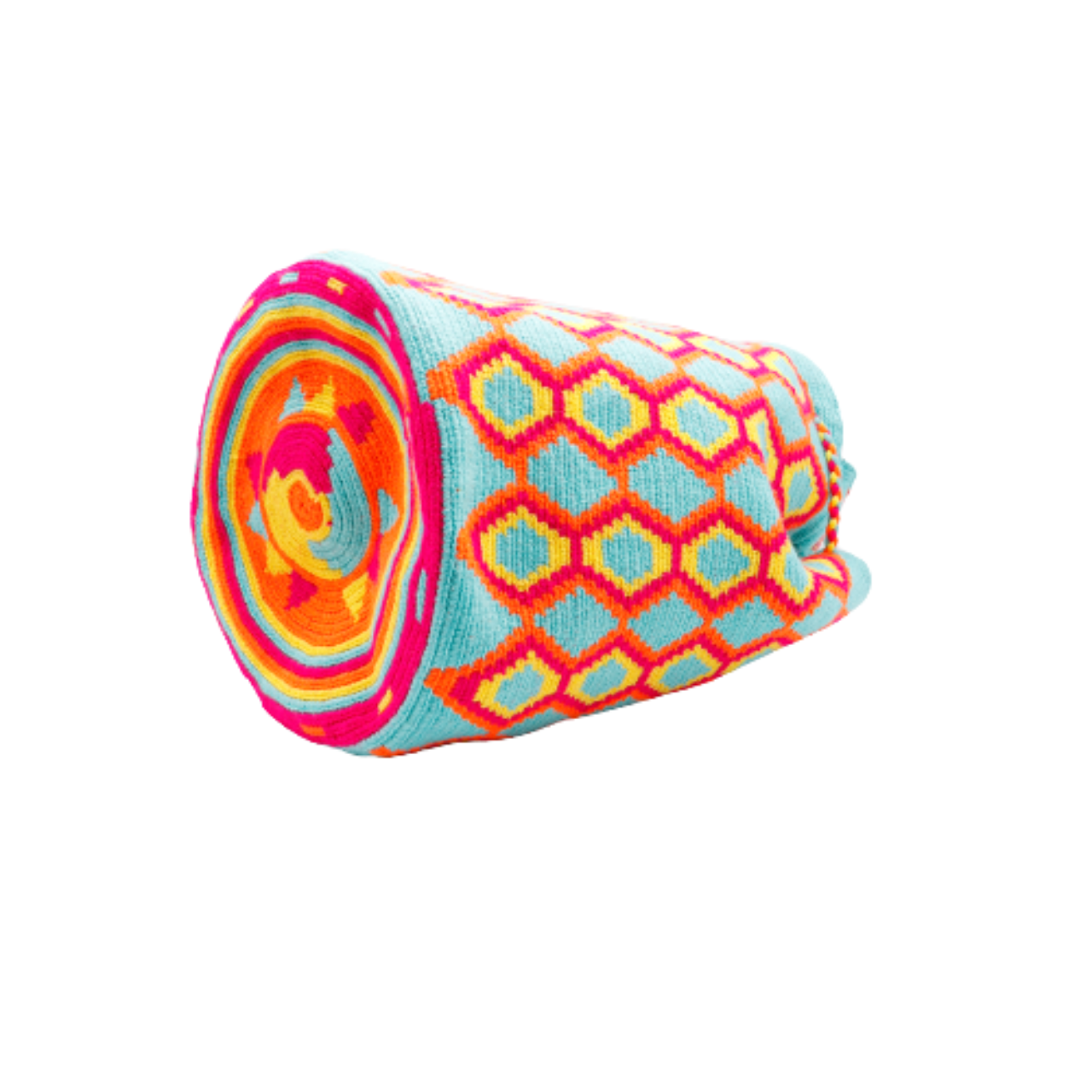 Mariajo Wayuu bag expertly crocheted by a skilled Wayuu artisan, featuring vibrant aqua, orange, magenta, and yellow hues. A visually attractive and chic accessory showcasing intricate craftsmanship.