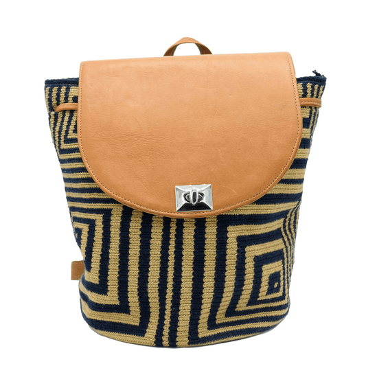  A stylish and durable Minca backpack featuring a unique combination of Wayuu body design and genuine leather accents.