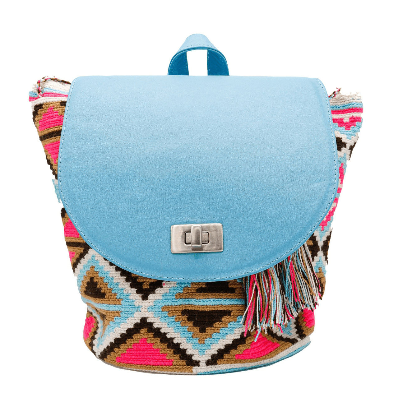 Mompox backpack purse for women, adorned with light blue genuine leather and showcasing an exceptionally unique Wayuu design on the body. The vibrant pattern features a delightful blend of sky blue, brown, tan, hot pink, and white hues, exuding a groovy and energetic vibe. Perfect for women seeking a stylish and trendy accessory.