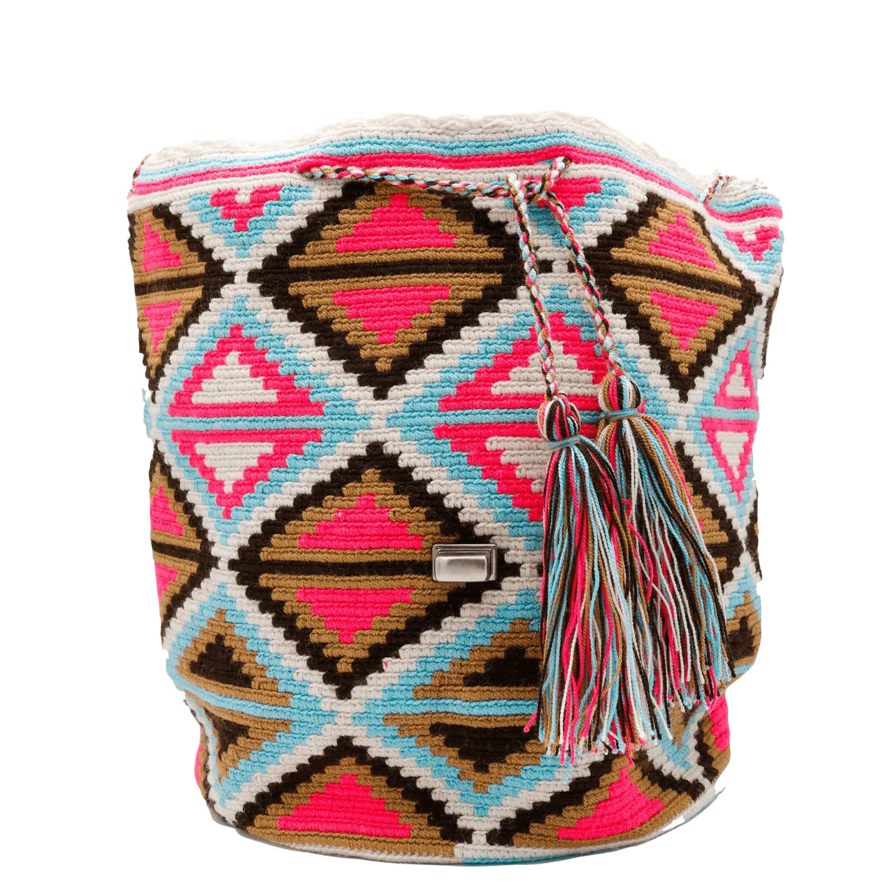 Mompox backpack purse for women, adorned with light blue genuine leather and showcasing an exceptionally unique Wayuu design on the body. The vibrant pattern features a delightful blend of sky blue, brown, tan, hot pink, and white hues, exuding a groovy and energetic vibe. Perfect for women seeking a stylish and trendy accessory.