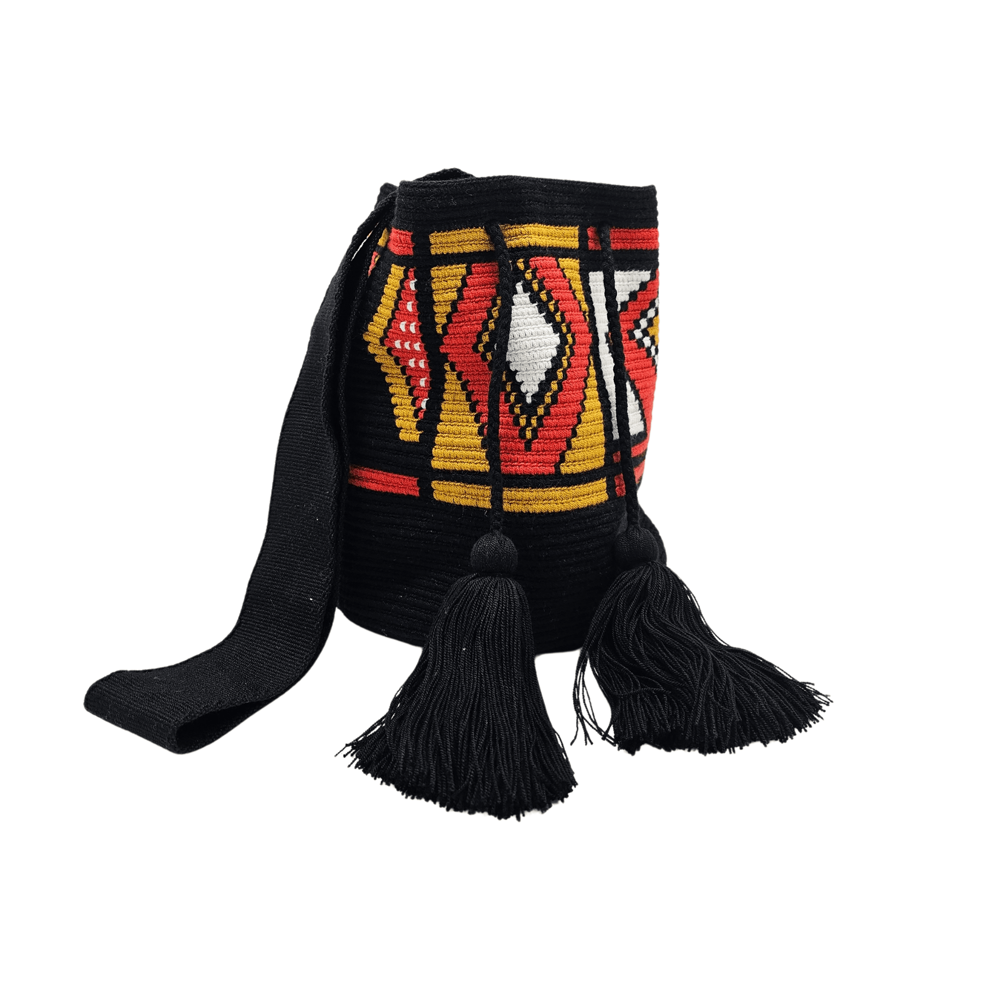 Handmade Wayuu bag by Wayuu artisans, this unique bag in black, orange and honey with a pre-Columbian geometric design is perfect for everyday use.