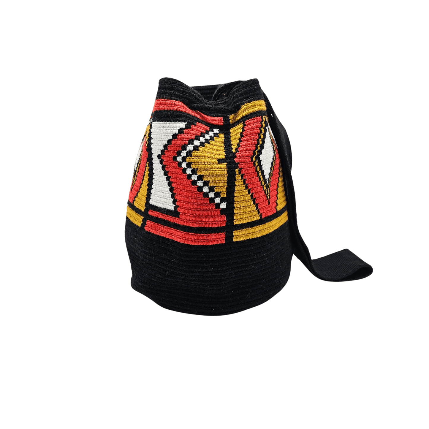 Handmade Wayuu bag by Wayuu artisans, this unique bag in black, orange and honey with a pre-Columbian geometric design is perfect for everyday use.