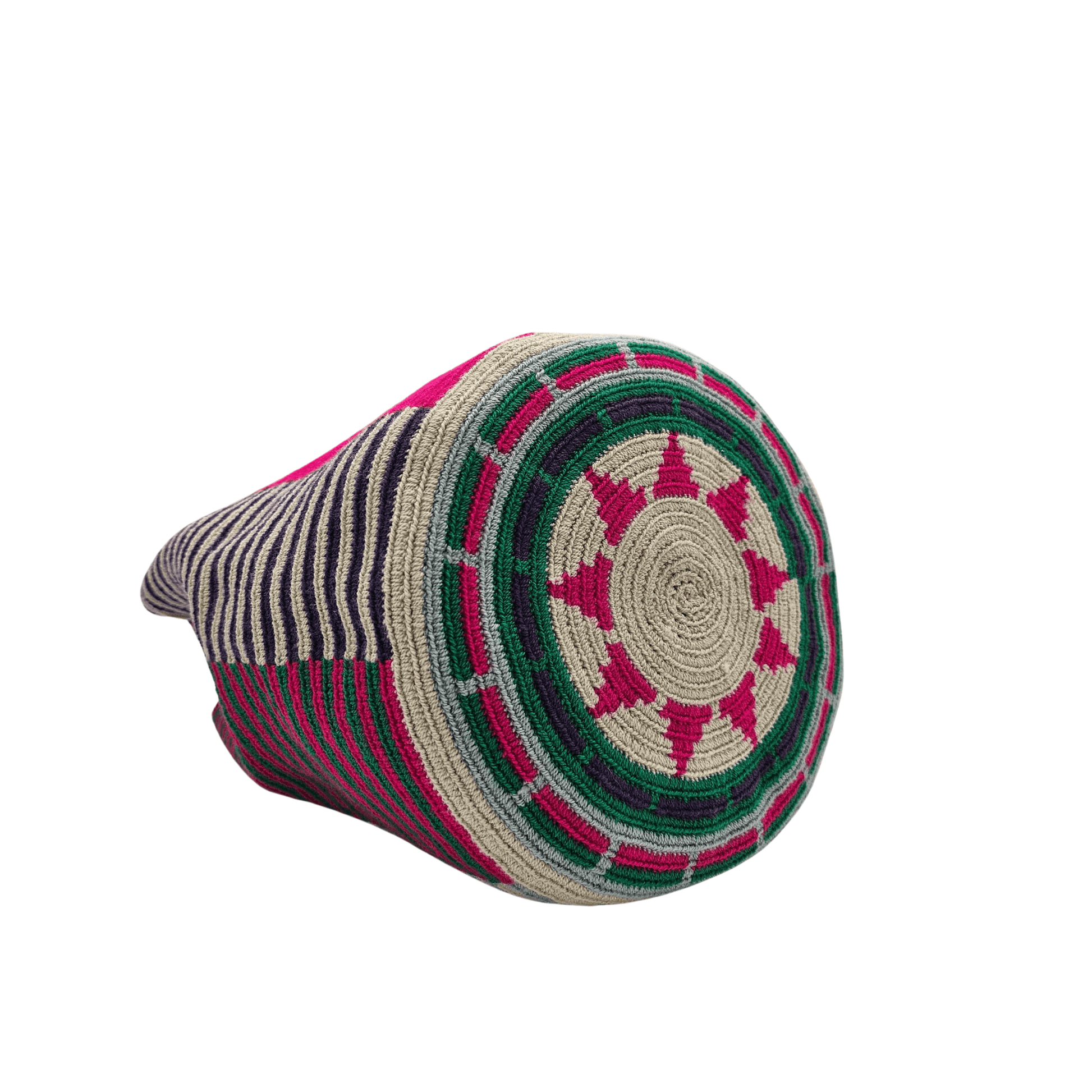 A Wayuu Mochila bag with a pink, purple, and beige striped pattern. It has a drawstring closure with tassels and includes a small matching pouch.