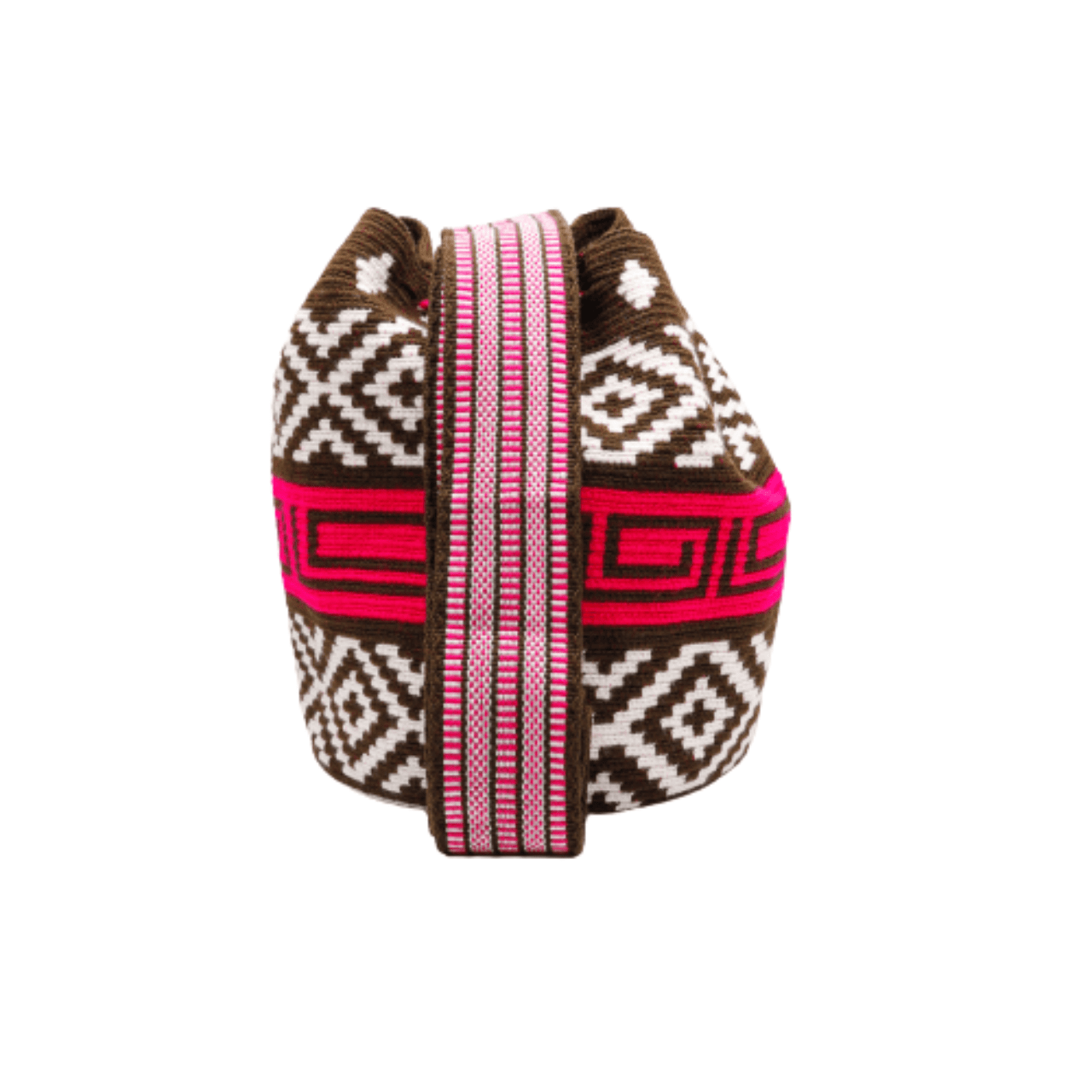  Nana Wayuu Bag, meticulously handmade by a skilled Wayuu artisan. The bag showcases a unique design in shades of white, coffee, and magenta, transforming it into a mesmerizing piece of art.