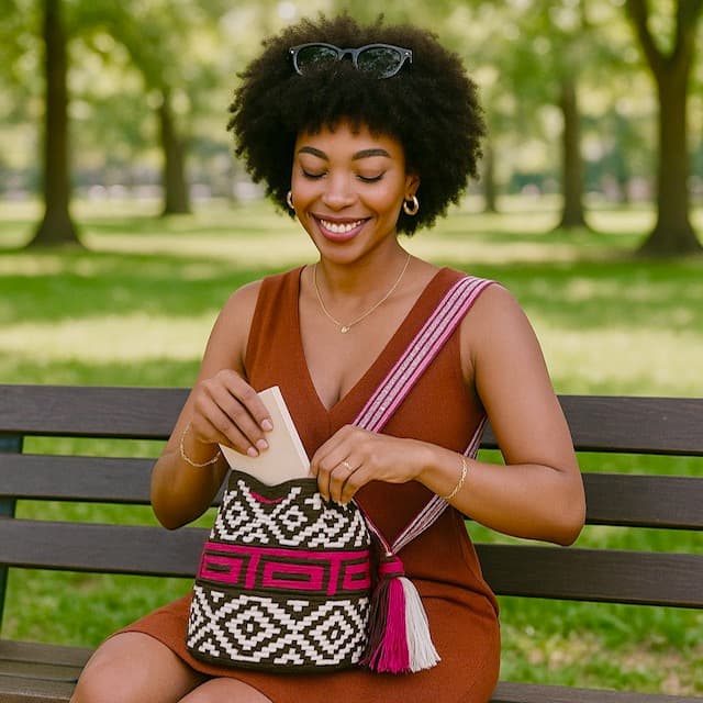  Nana Wayuu Bag, meticulously handmade by a skilled Wayuu artisan. The bag showcases a unique design in shades of white, coffee, and magenta, transforming it into a mesmerizing piece of art.