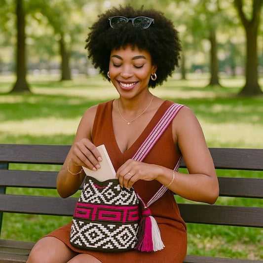  Nana Wayuu Bag, meticulously handmade by a skilled Wayuu artisan. The bag showcases a unique design in shades of white, coffee, and magenta, transforming it into a mesmerizing piece of art.