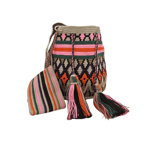 Colorful handmade Wayuu bag with a small pouch, perfect for carrying your cellphone and essentials, showcasing traditional Colombian craftsmanship and ethical fashion.