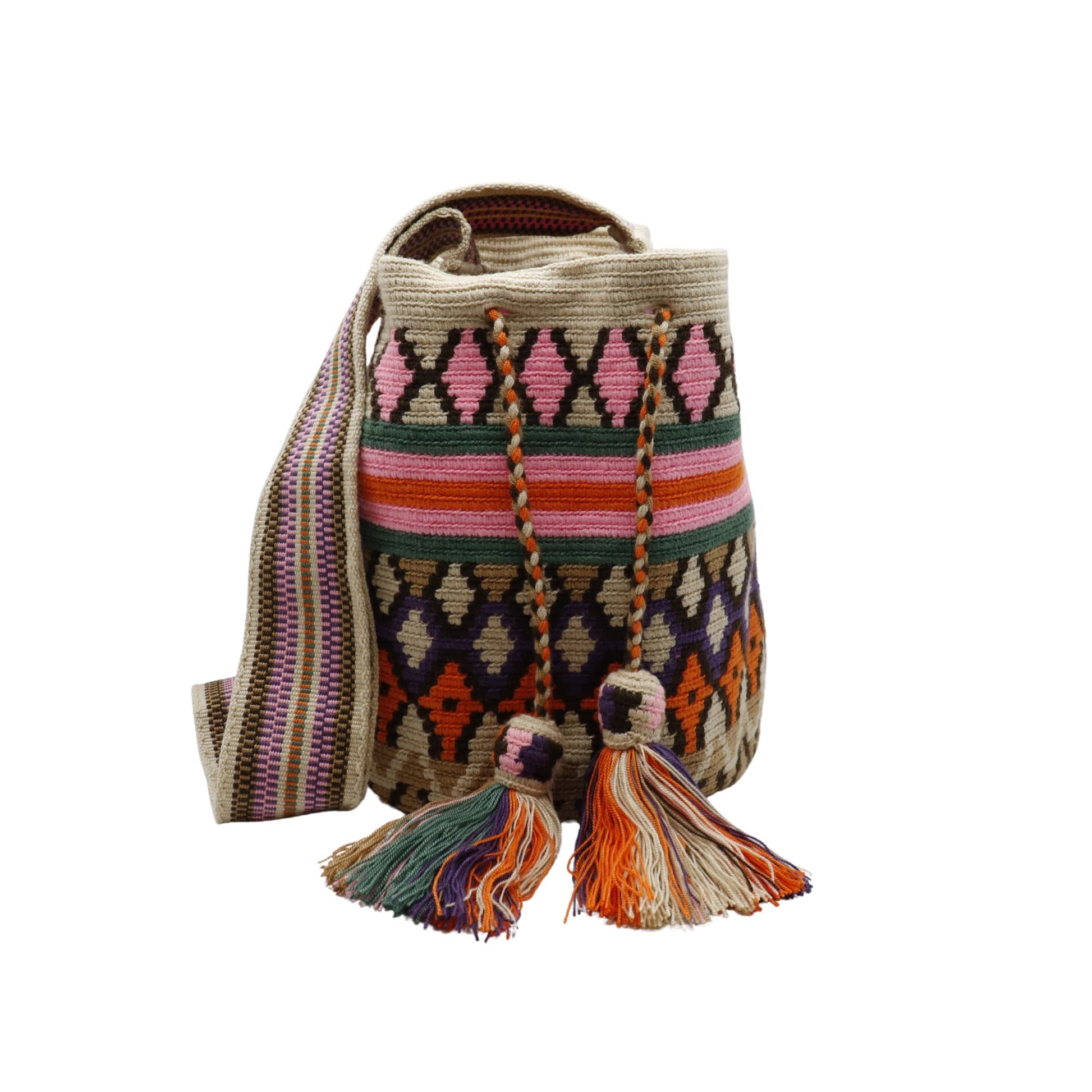 Colorful handmade Wayuu bag with a small pouch, perfect for carrying your cellphone and essentials, showcasing traditional Colombian craftsmanship and ethical fashion.