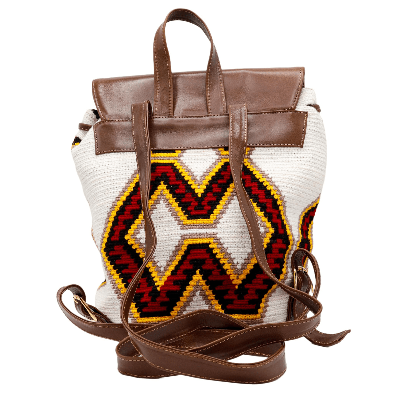  Nini backpack featuring a Wayuu body in a vibrant combination of white, red, yellow, and black, adorned with stylish accents in genuine leather. The backpack showcases a convenient side pocket and a secure double closing mechanism.
