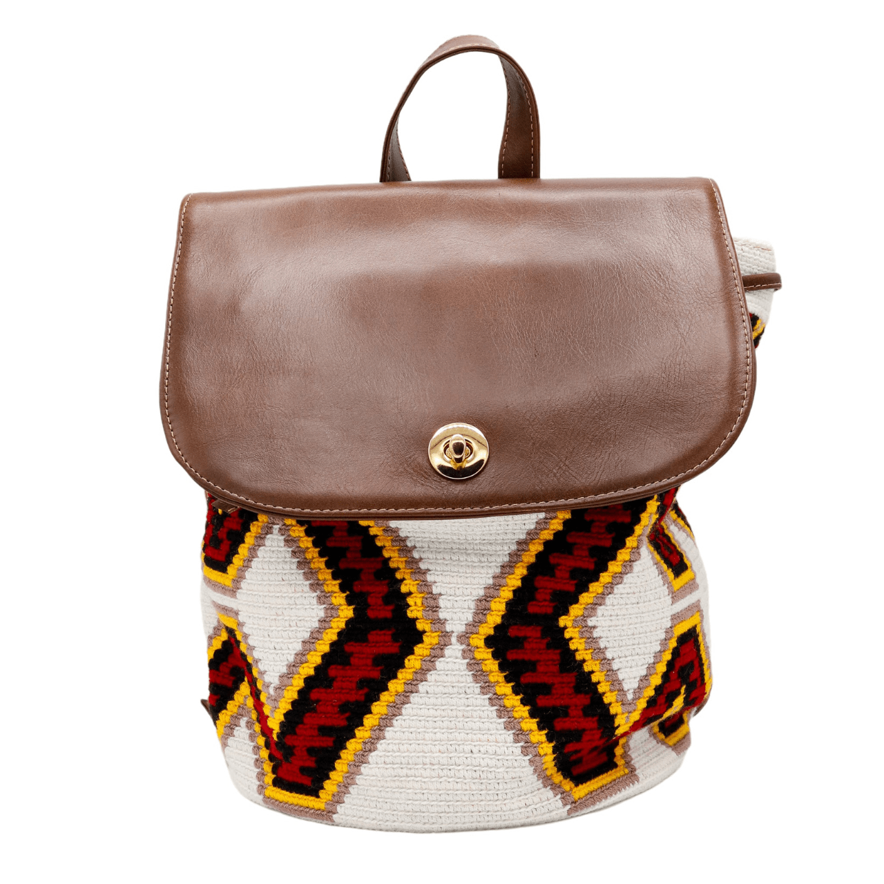  Nini backpack featuring a Wayuu body in a vibrant combination of white, red, yellow, and black, adorned with stylish accents in genuine leather. The backpack showcases a convenient side pocket and a secure double closing mechanism.