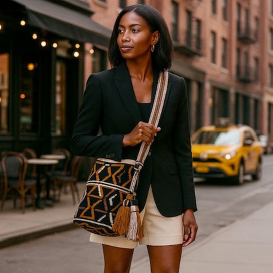A handmade Wayuu Mochila bag from Colombia, featuring a striking geometric design and a drawstring closure with tassels.