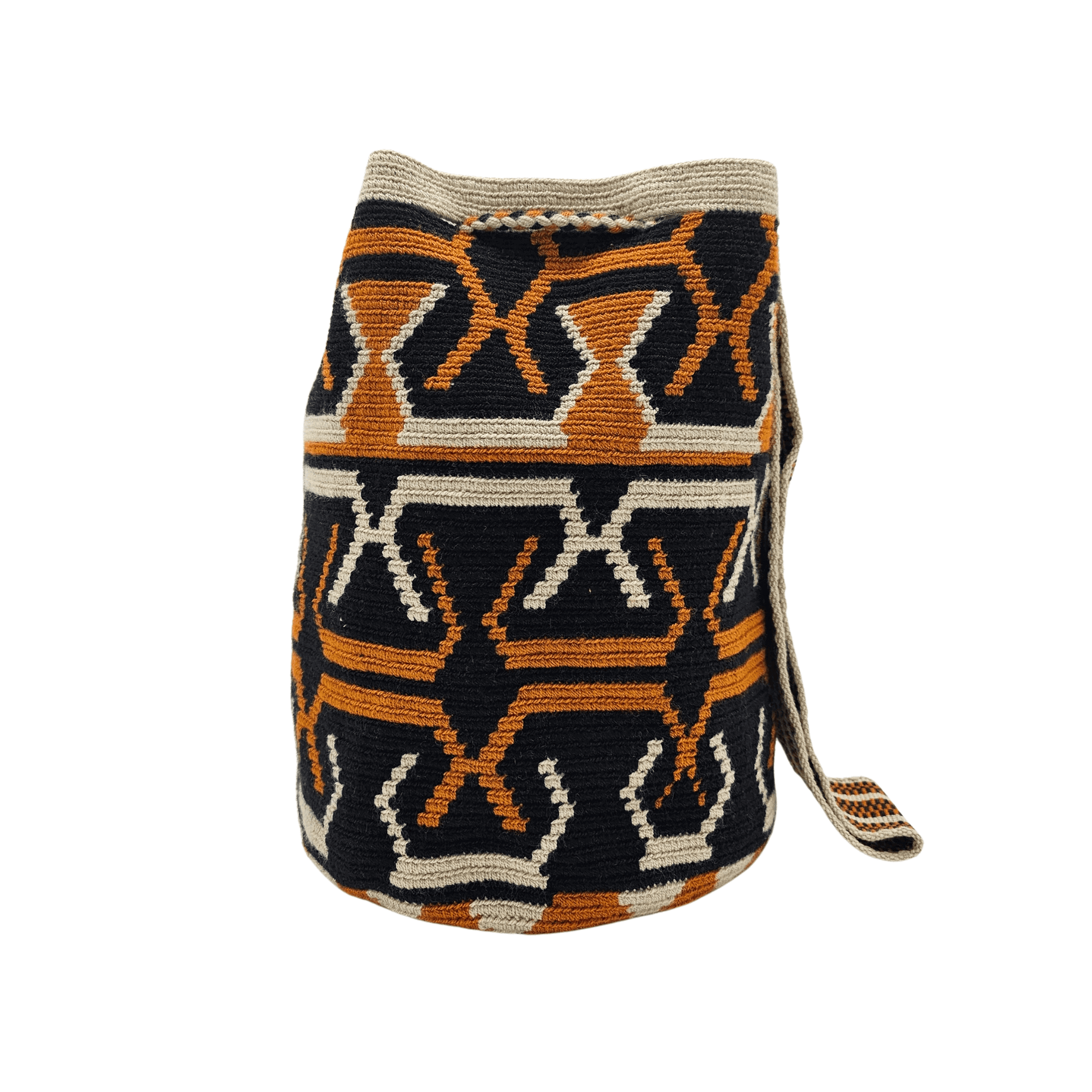 A handmade Wayuu Mochila bag from Colombia, featuring a striking geometric design and a drawstring closure with tassels.