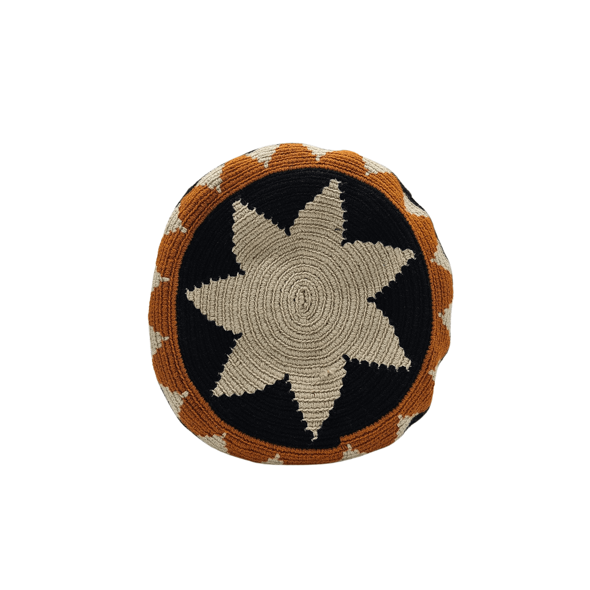 A handmade Wayuu Mochila bag from Colombia, featuring a striking geometric design and a drawstring closure with tassels.