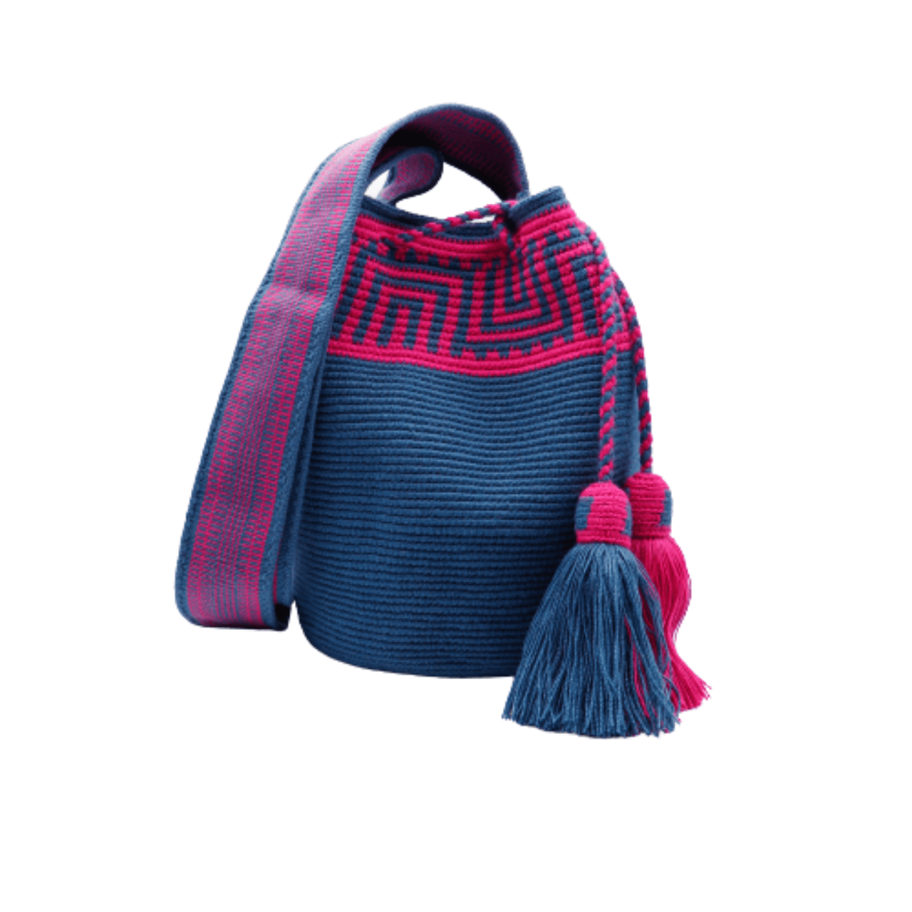 Pao Wayuu bag in solid cobalt blue with captivating magenta design on top, creating a beautiful and uniquely crafted accessory.
