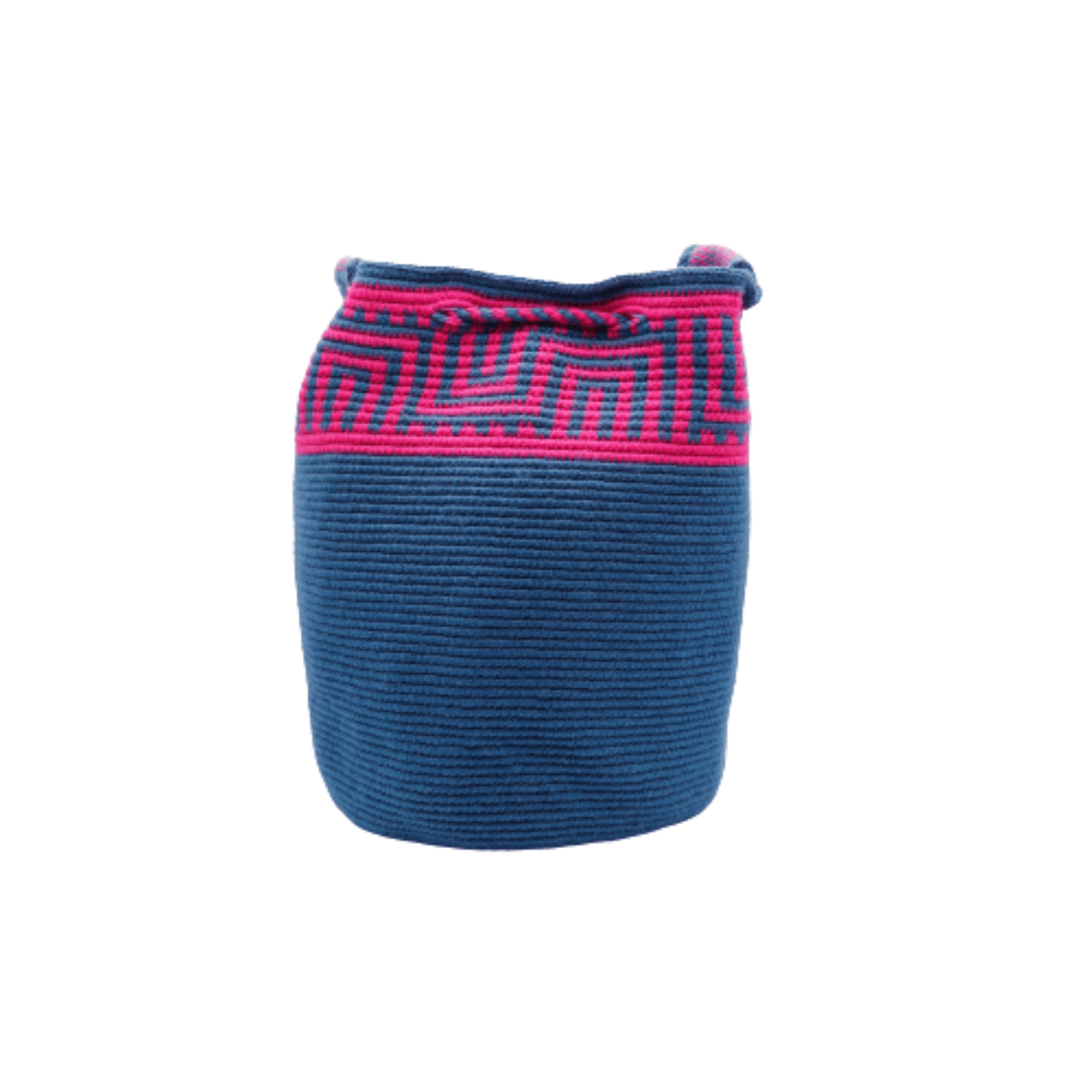 Pao Wayuu bag in solid cobalt blue with captivating magenta design on top, creating a beautiful and uniquely crafted accessory.